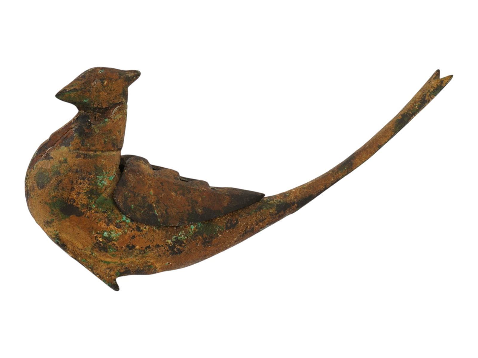 VINTAGE JAPANESE IRON BIRD SHAPED INCENSE BURNER KORO: A vintage Japanese cast iron bird-shaped incense burner, or koro, designed in a stylized Mid-Century Modern form resembling a pheasant. The hollow body functions as the incense chamber, with a removab