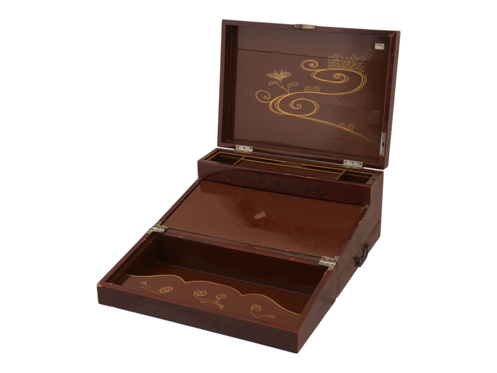 ANTIQUE JAPANESE WOODEN WRITING BOX OR TRAVEL DESK: An antique Japanese wooden writing box or calligraphy travel desk. The box features a modular design with a tilting folding table, a drawer, and storage compartments. It is hand-painted with large fis