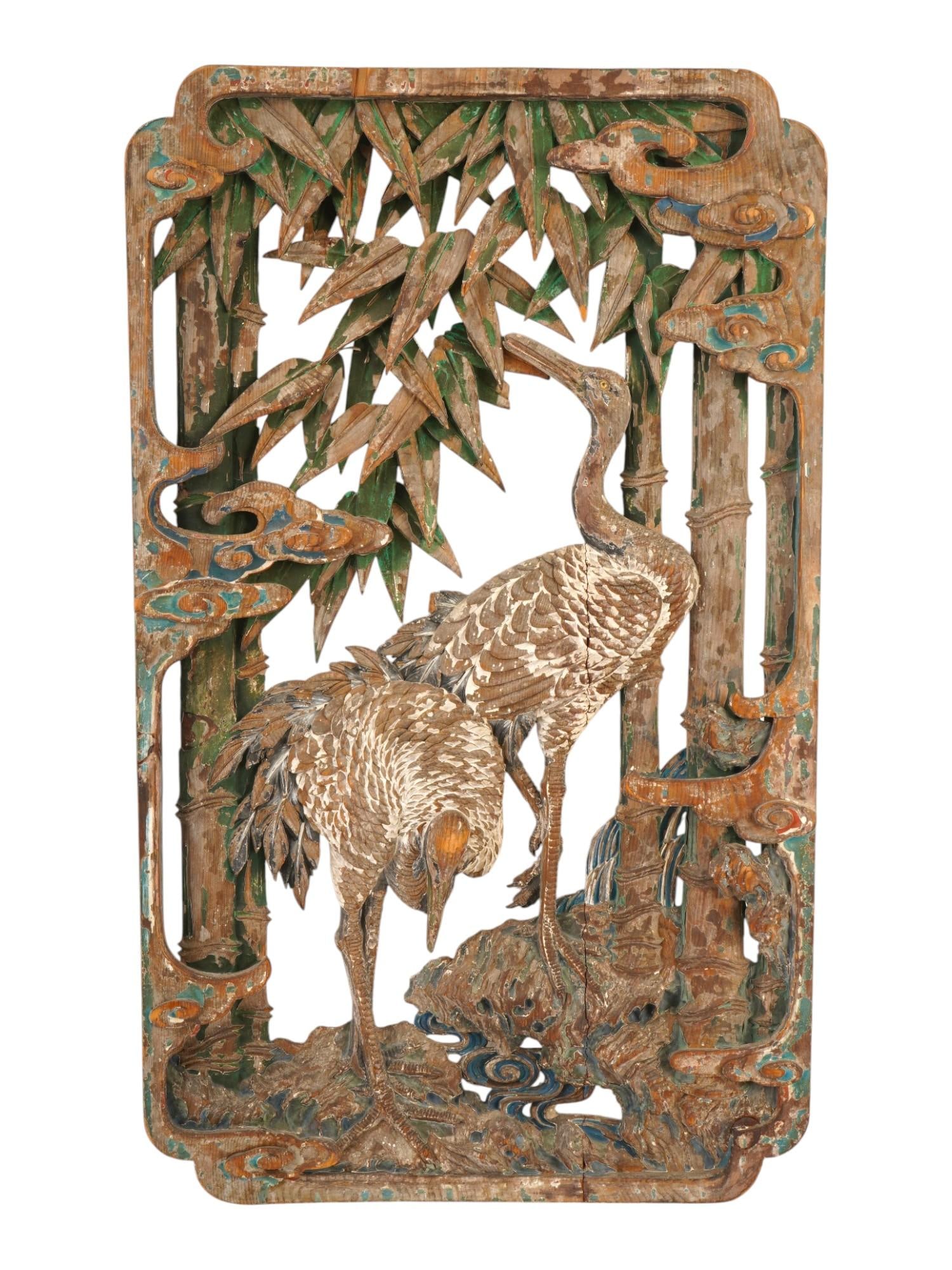 ANTIQUE CHINESE CARVED WOOD WALL PANEL W CRANES (1 of 7)