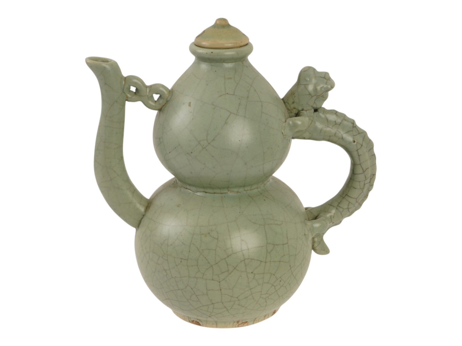 VINTAGE CHINESE CELADON GLAZED DOUBLE GOURD WINE POT: A vintage Chinese celadon-glazed double-gourd wine pot or ewer, featuring a pale jade-green crackle glaze in the style of traditional Ge ware. The hulu form symbolizes health, longevity, and prosperit