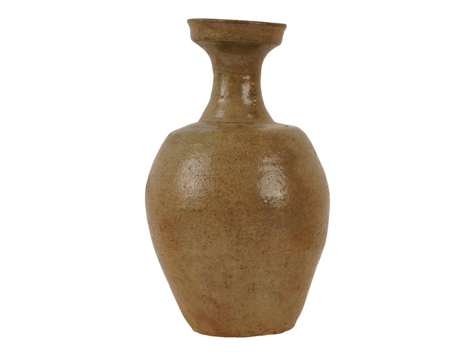 EAST ASIAN GLAZED STONEWARE DISH MOUTH BOTTLE VASE: An East Asian stoneware bottle vase featuring a compressed globular body that tapers to a slender neck, terminating in a stepped, dish shaped rim. The exterior is enveloped in a translucent olive tone