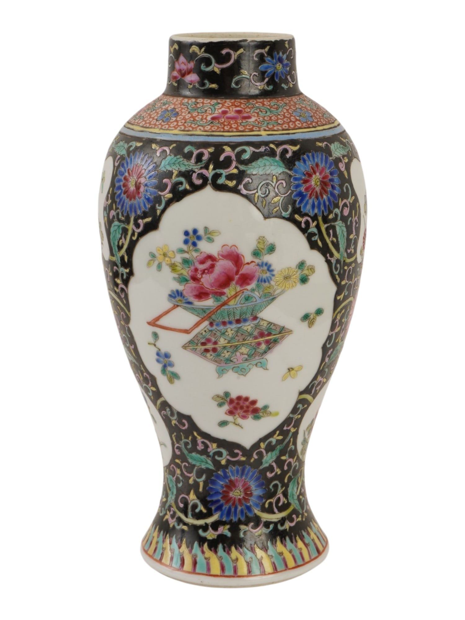 VINTAGE CHINESE FAMILLE NOIRE PORCELAIN VASE: A vintage Chinese Famille Noire porcelain vase with floral motifs. The vase features a baluster shape and a deep black glazed background painted with vibrantly colored enamels. Antique and Vintage Asi