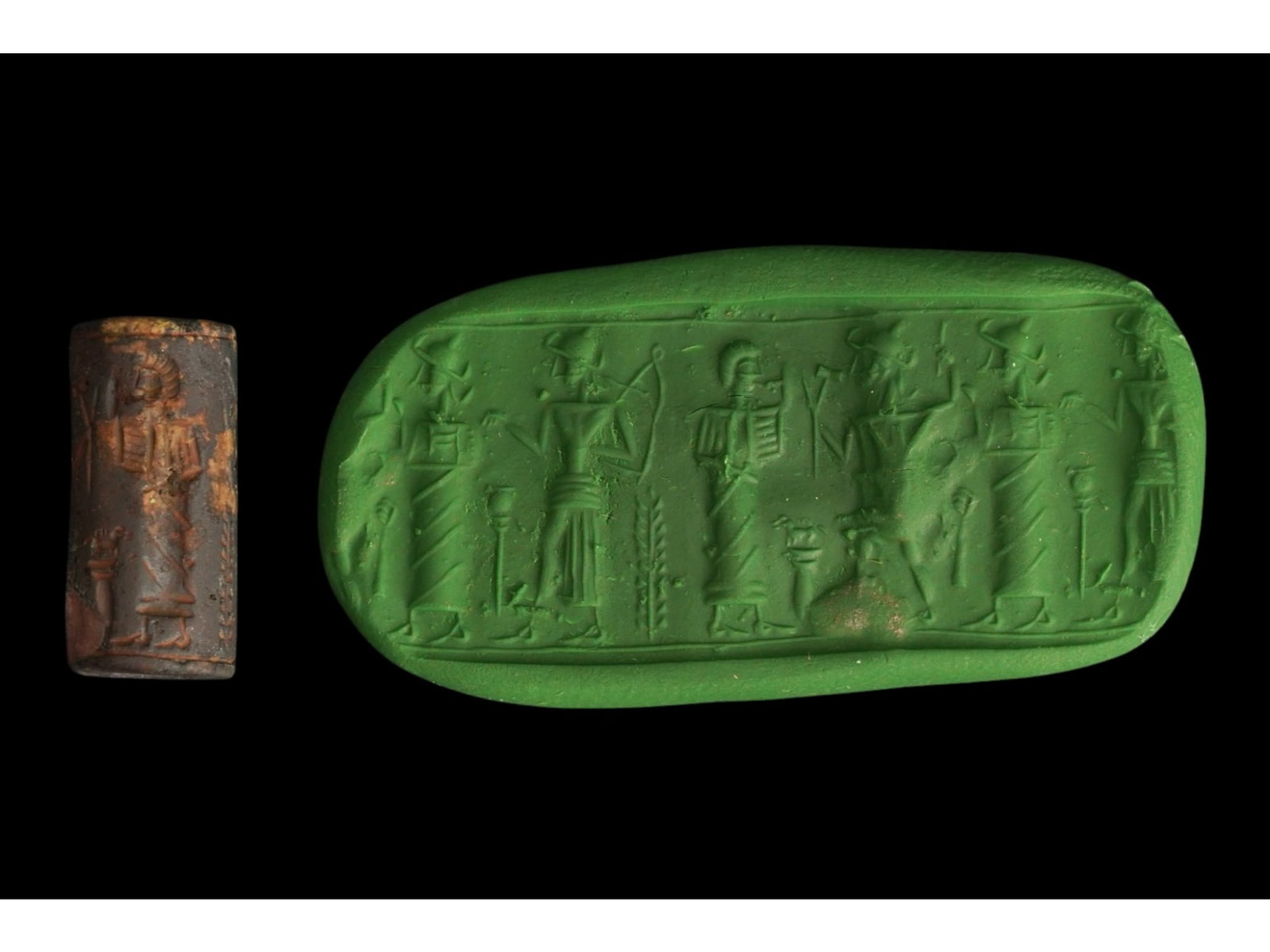 ANCIENT WESTERN ASIATIC HEMATITE CYLINDER SEAL BEAD: An ancient Western Asiatic hand-carved hematite cylinder seal bead. 2nd to 1st Millenium BC. The stamp depicts a ritual scene. Archaeological Finds And Relics, Ancient History, Seals And Stamps. THIS 