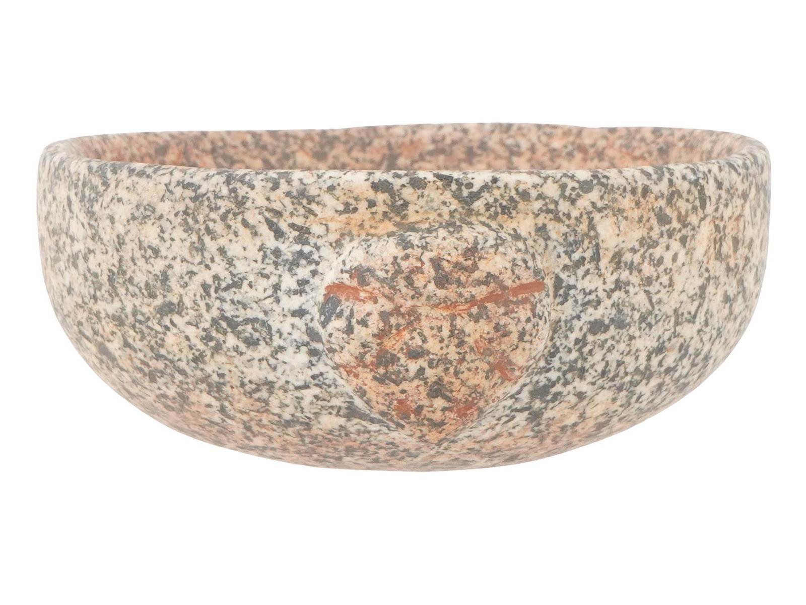 ANCIENT CARVED GRANITE STONE BOWL W ZOOMORPHIC HEADS: An ancient carved granite stone bowl. The smooth round bowl with a high rim on both sides is decorated with relief zoomorphic head motifs. Ancient Archeological Artifacts and Collectibles. THIS LOT IS