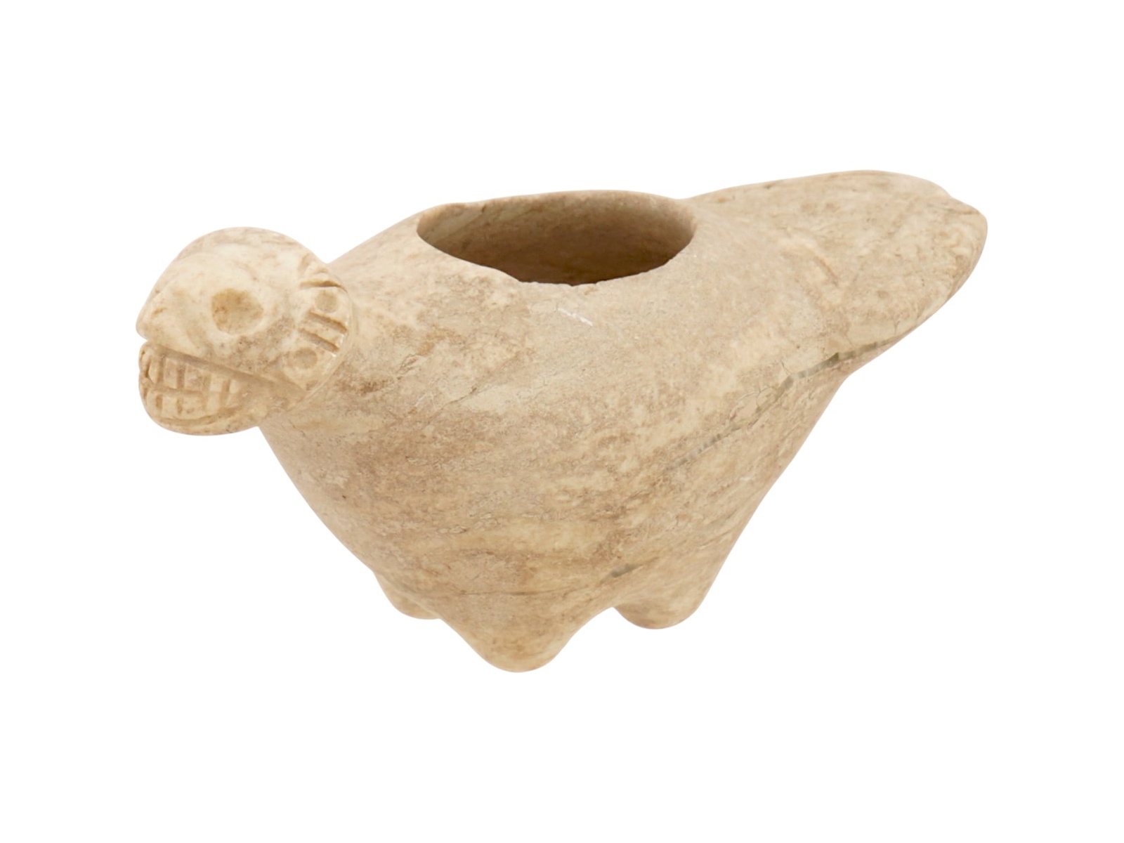 ANCIENT PRE COLUMBIAN TAINO COHOBA SNUFFING VESSEL: An ancient Pre-Columbian Taino carved stone cohoba snuffing vessel, or effigy bowl. Used in sacred cohoba ceremonies by shamans and chiefs to induce trance states and communicate with the spirit world