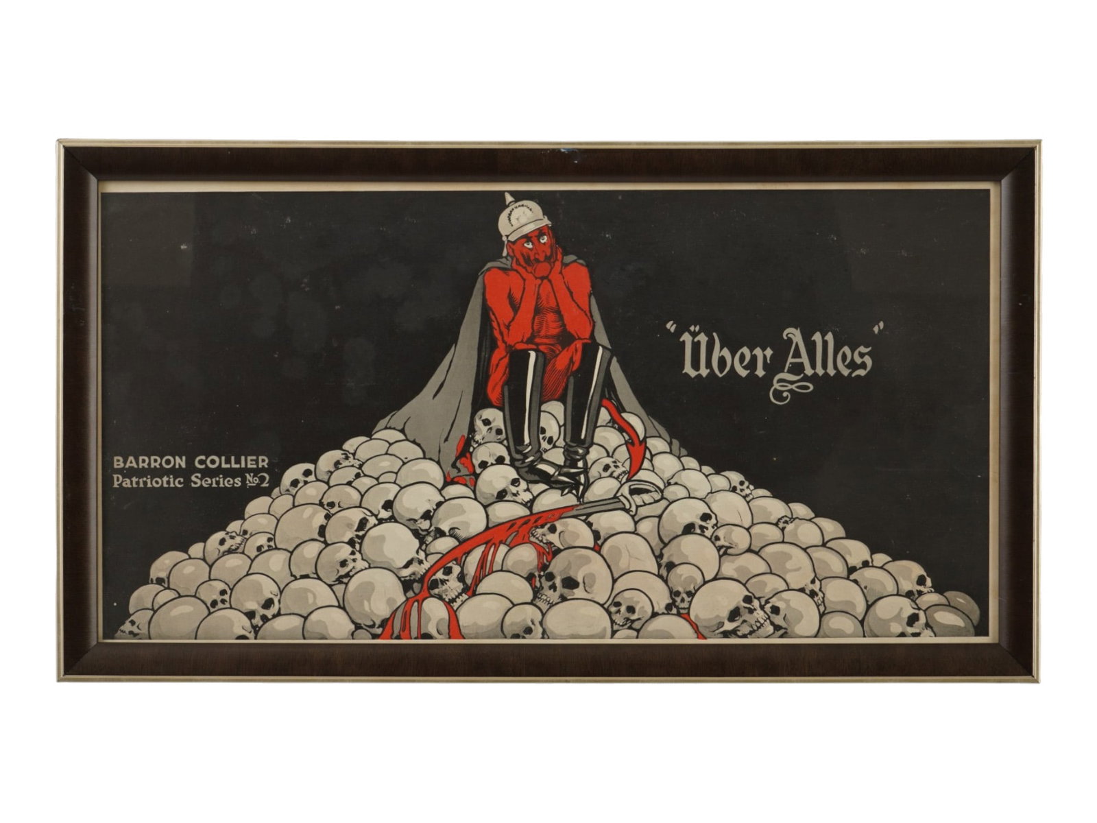 ANTIQUE AMERICAN WWI PROPAGANDA POSTER UBER ALLES: An antique American WWI propaganda poster titled Uber Alles, published in 1918 as part of the Barron Collier Patriotic Series No. 2. The striking image depicts Kaiser Wilhelm II as a red devil in a Pi