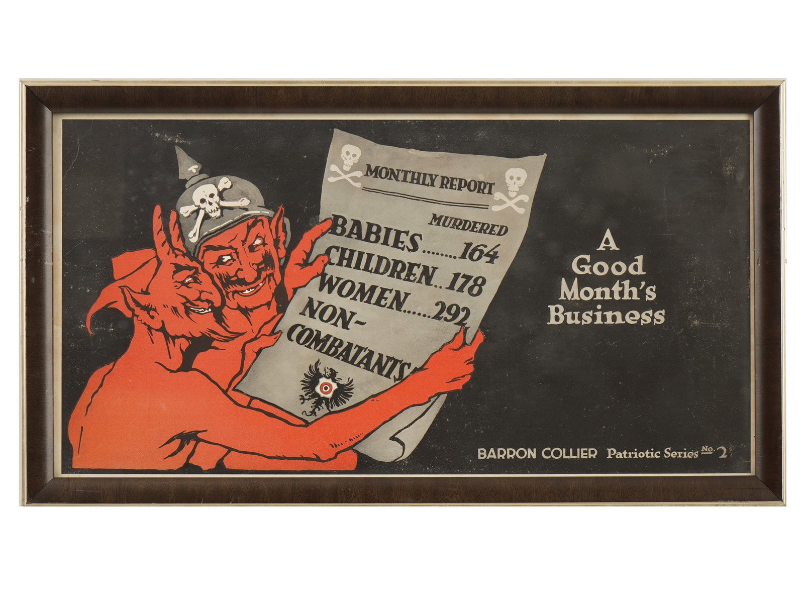 WORLD WAR I AMERICAN ANTI GERMAN PROPAGANDA POSTER: A World War I Anti German propaganda poster, titled, A Good Months Business, part of the Patriotic Series No. 2 created around 1918 by Dutch artist Louis Raemaekers and published by Barron Collier. ma