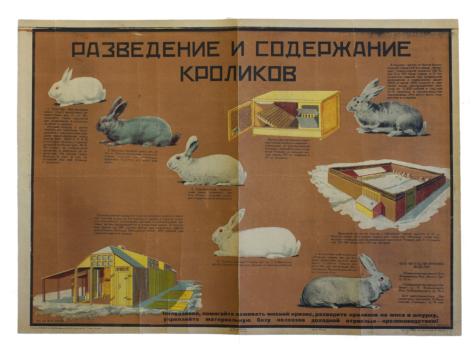 A SOVIET POSTER RABBIT BREEDING AND UPKEEP 1931: A Soviet poster: Razvedeniye i soderzhanie krolikov, Rabbit breeding and upkeep. Published by OGIZ-IZOGIZ, 1931. Circulation: 20,000 copies. Artist Maximilian Eberman. The poster contains practical re