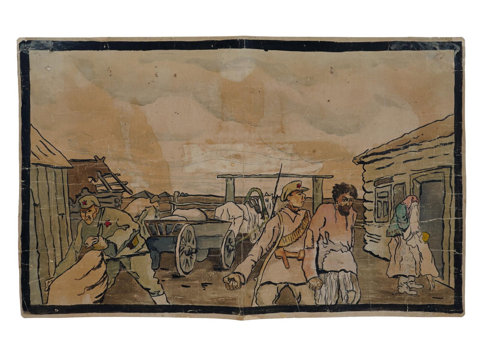 RUSSIAN SOVIET ERA COSSACKS PAINTING FOR POSTER: An original Russian Soviet era mixed media, graphite pencil, ink, brush, watercolor, painting on paper, Cossacks, Soviet Power is Alien to Revenge, the original unique illustration, maquette for the p