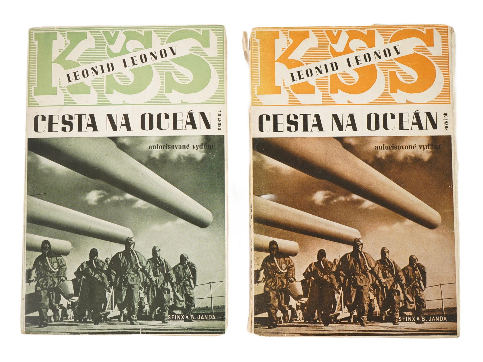 VINTAGE CZECH BOOKS BY LEONID LEONOV ROAD TO THE OCEAN: A vintage two-volume Czech book edition titled Road to the Ocean, a novel by prominent Soviet author Leonid Leonov, published in 1936 in Prague by Sfinx, Bohumil Janda. The avant-garde cover design wa