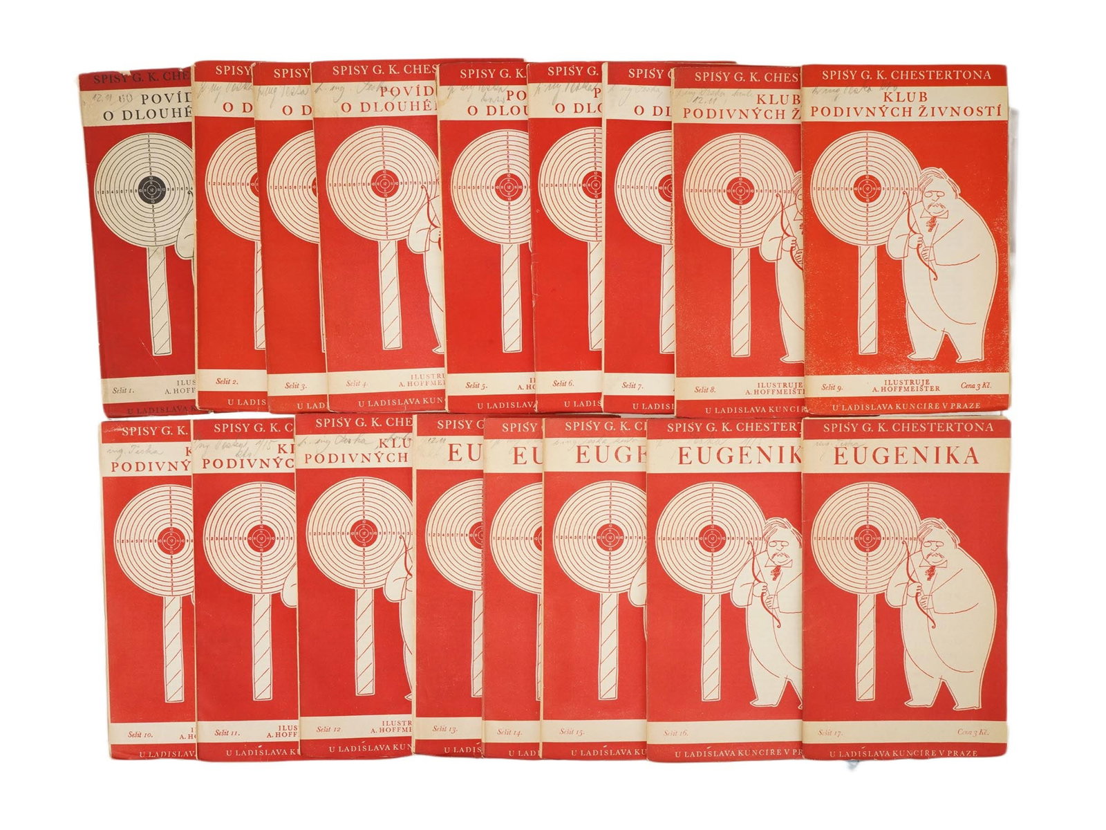 VTG CZECH BOOKS GILBERT CHESTERTON CHESTERTONA SERIES: A collection of 17 vintage Czech book editions from the Spisy G. K. Chestertona series. The group includes multiple copies of The Club of Queer Trades and Eugenika by Gilbert Keith Chesterton. Publish