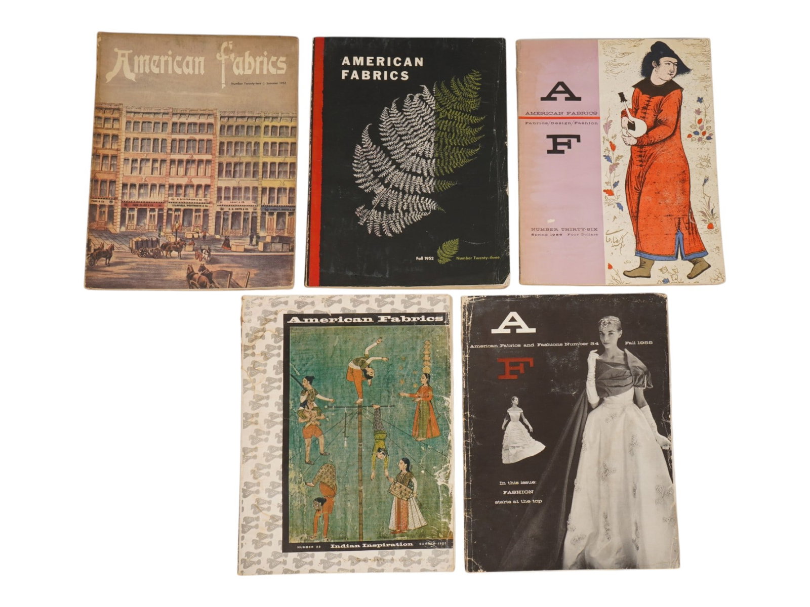 VTG MID CENTURY AMERICAN FABRICS MAGAZINE ISSUES: A lot of five vintage, mid-century, American Fabrics magazine issues. Published by New Yorks Reporter Publications. The lot includes No. 22, summer, 1952; No. 23, fall, 1952; No. 33, summer, 1955; No.
