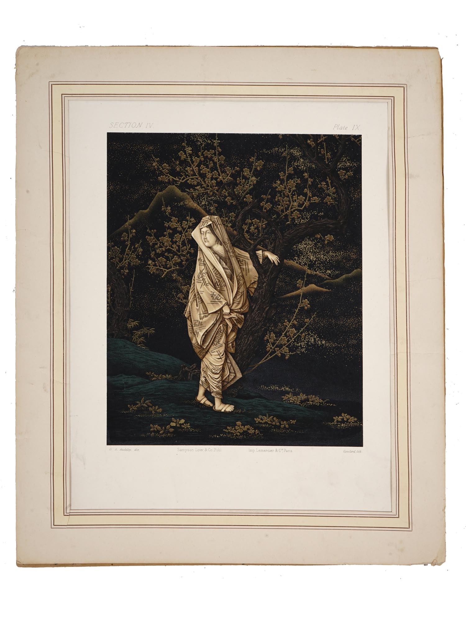 ORIENTAL LITHOGRAPH OF A WOMAN BY AUDSLEY GAULARD: A color lithograph in dark tones depicting a Japanese woman in a forest. Section IV, Plate IX from The Art of Chromolithography : Popularly Explained and Illustrated by Forty-Four Plates Showing Separ