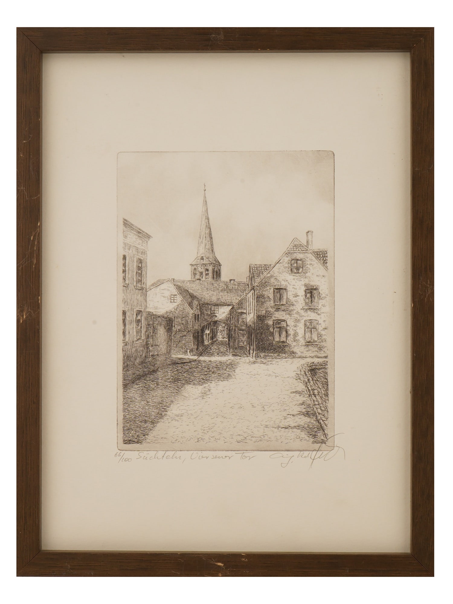 ARCHITECTURAL ETCHING OF HISTORIC EUROPEAN STREET SCENE: An architectural etching on paper depicting a historic European street scene. The print is hand-numbered 66 of 100 and titled in pencil Suchteln, Viersener Tor, with the artists signature along the lo