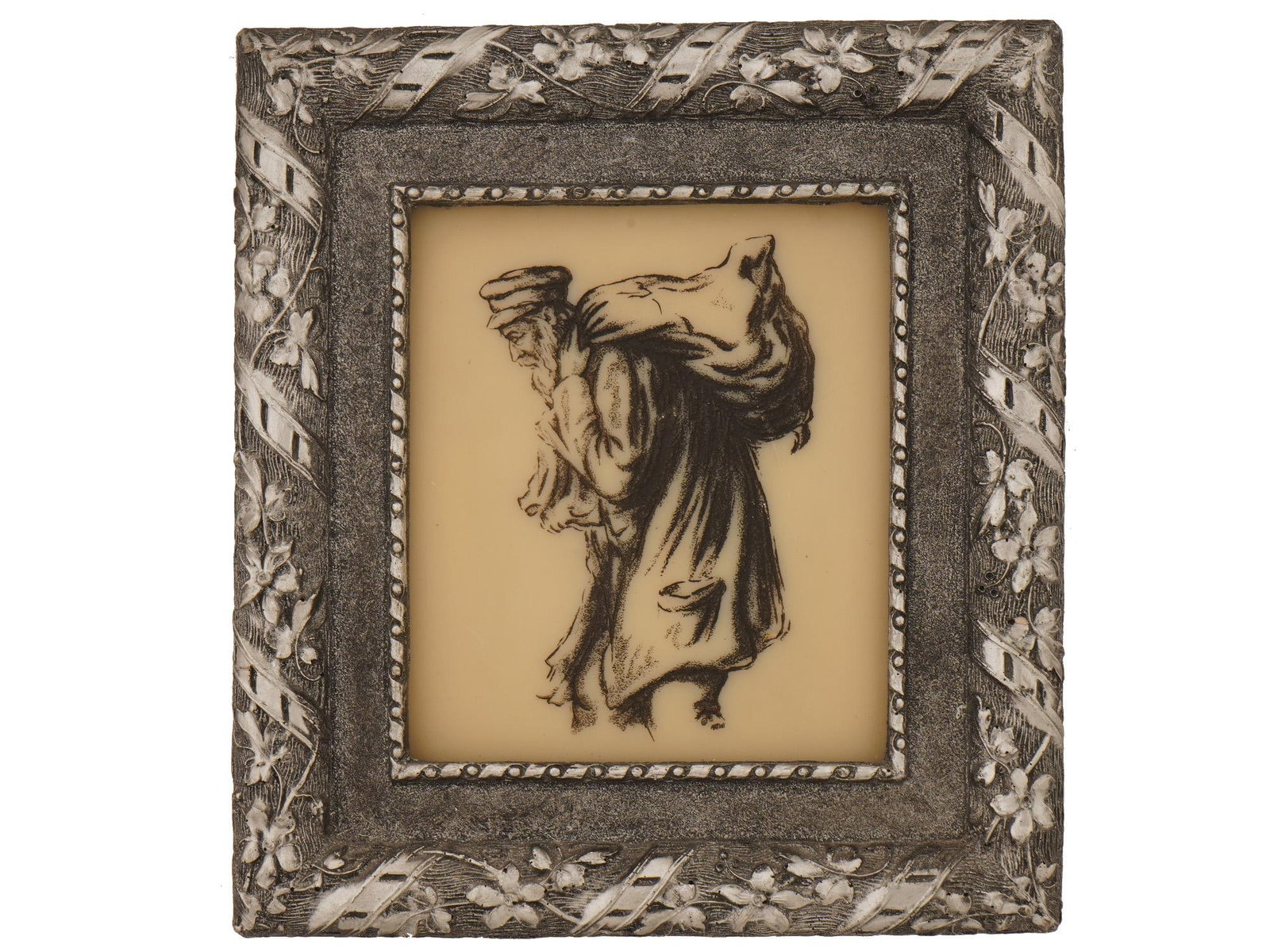 VINTAGE PRINT GENRE SCENE OF A TRAVELING PEASANT: Monochrome print on wax depicting an elderly in a cap carrying a large sack, an itinerant peddler or wandering Jew-type figure. Unsigned. Framed. Collectible Graphic Art, Prints And Multiples, Judaica