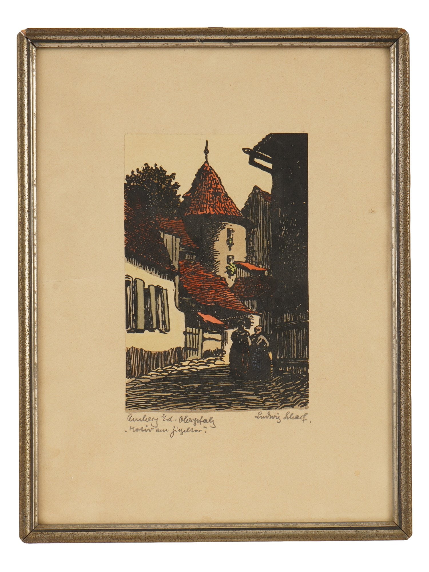 FRIEDRICH LUDWIG SCHARF GERMAN CITYSCAPE LINOCUT: Friedrich Ludwig Scharf, German, 1884 to 1965, hand-colored linocut on paper. Street view of an old town. Signed lower right. Titled lower left: Amberg i.d. Oberpfalz, Motiv am Ziegeltor. Dated ca. 19