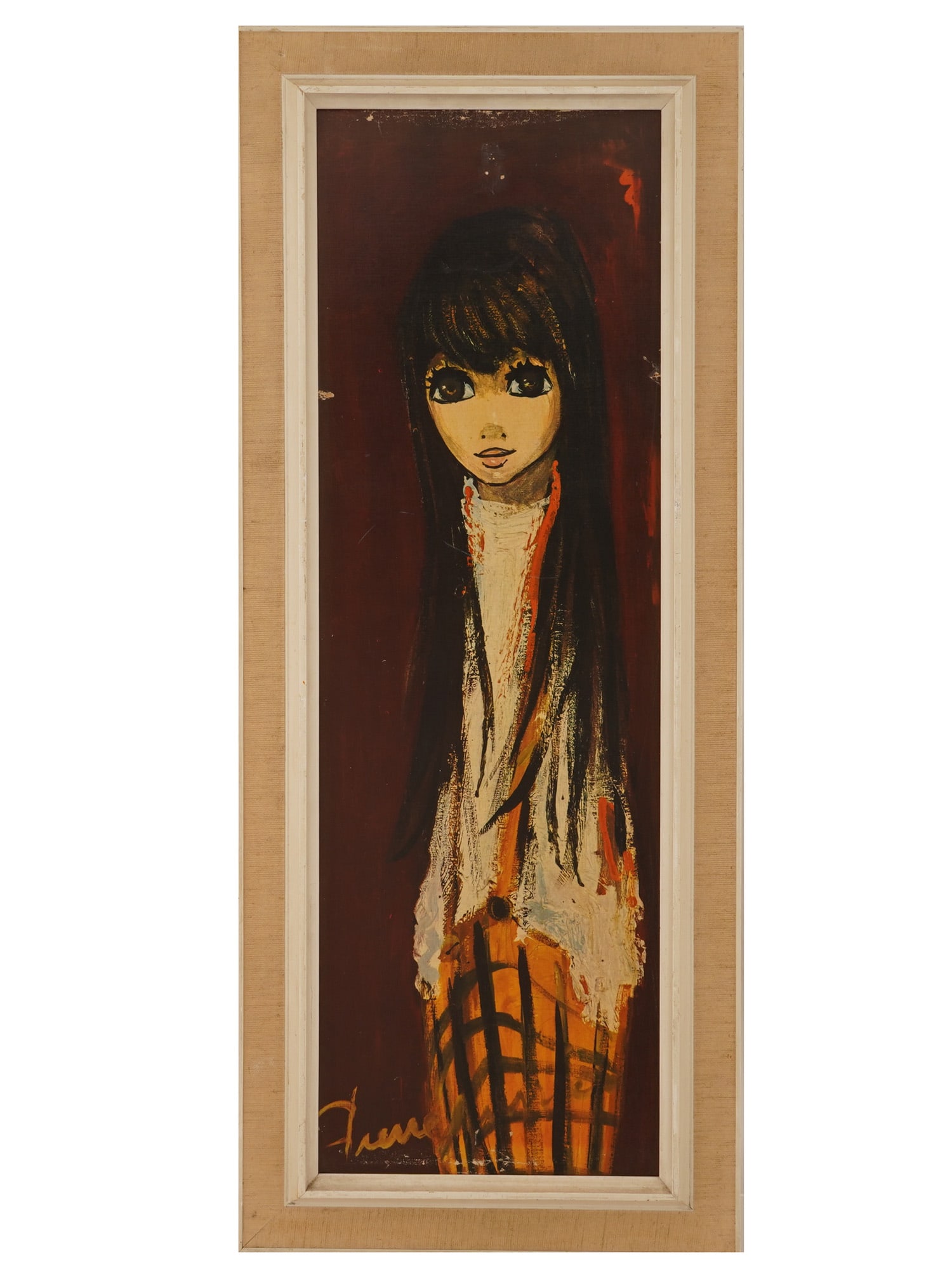 AFTER MARGARET KEANE BIG EYE GIRL PORTRAIT PRINT: After Margaret Keane, American, 1927 to 2022, color print on board. Stylized portrait of a girl with big eyes. Signed lower left. Framed. Margaret Keane is known for her distinctive portraits of child