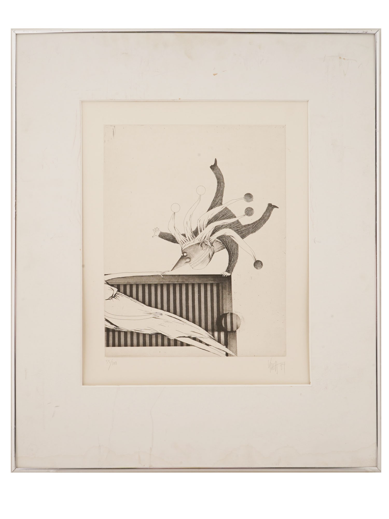 MODERN SURREALIST ETCHING OF JESTER SIGNED KOCH: A modern surrealist etching on paper depicting a stylized jester or acrobat balancing over a vertically striped barrier. Signed Koch and dated 1954 lower right. Numbered 53 of 100 lower left. Framed. 