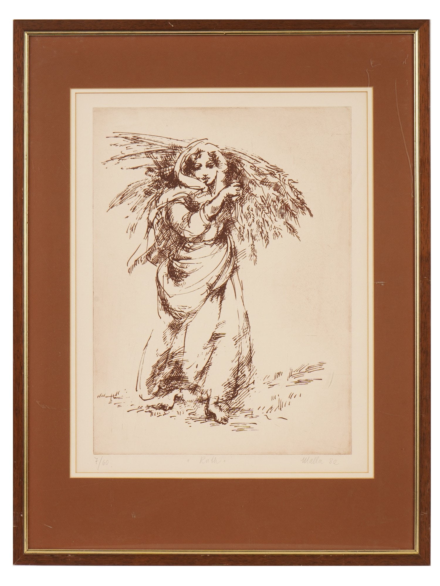 LTD FEMALE PORTRAIT ETCHING SIGNED BY THE ARTIST: A limited edition etching on paper, titled Ruth, 1982. Signed by the artist in pencil, probably Walla, and dated 82, lower right. Numbered 7 of 60 in pencil, lower left. Titled in pencil, lower to the