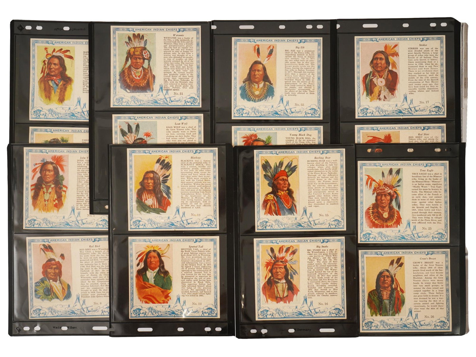VTG TOBACCO AMERICAN INDIAN CHIEFS ADVERTISING CARDS: A group of vintage 1954 T129 Red Man Chewing Tobacco American Indian Chiefs advertising insert cards. The large-format cards feature colorful portraits of historic Native American leaders alongside bi