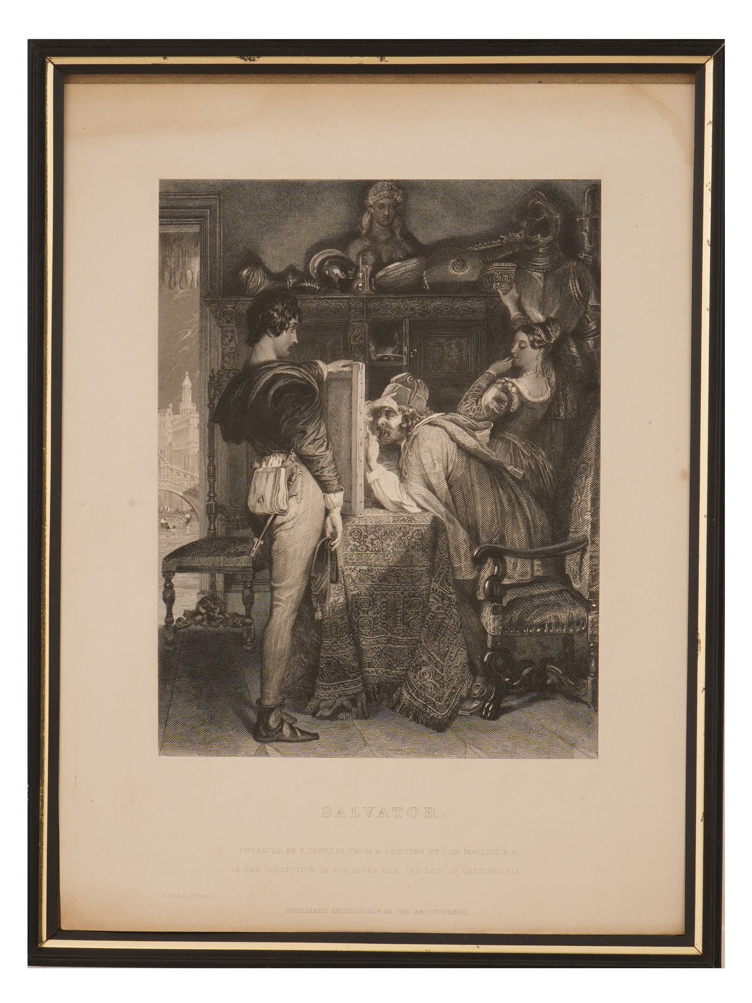 SALVATOR ENGRAVING BY JOUBERT AFTER DANIEL MACLISE: An engraving on paper, titled Salvator. The engraving is based on an original painting by the renowned Irish artist Daniel Maclise. It depicts the famous Italian Baroque painter and poet Salvator Rosa