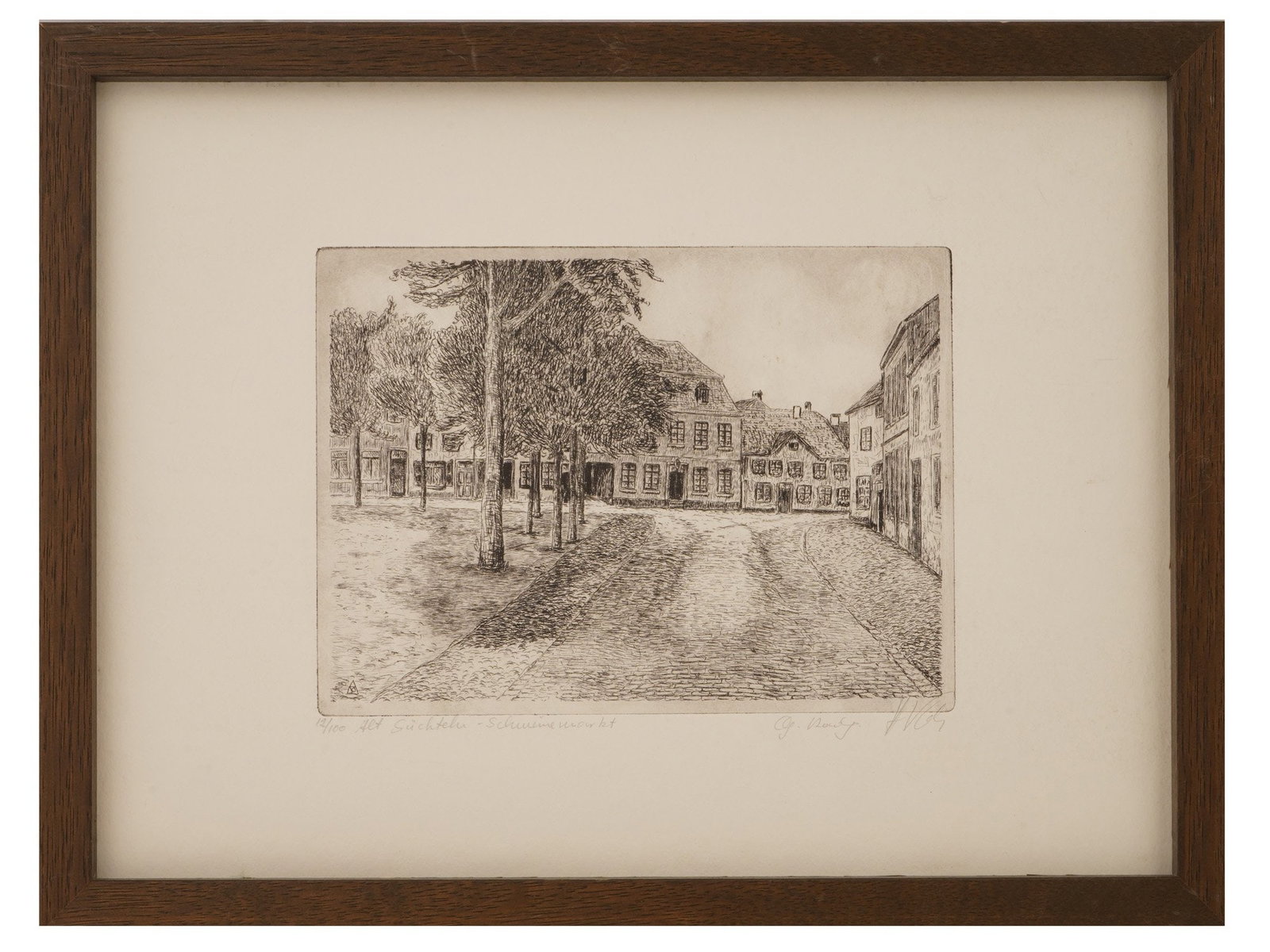 LTD GERMAN ARCHITECTURAL ETCHING BY GEORG NONDORF: Georg Nondorf, a German artist, a limited edition architectural etching on paper depicting a Suchteln cityscape. Signed in pencil, lower right. Inscribed and numbered 12 of 100 in pencil, lower left. 