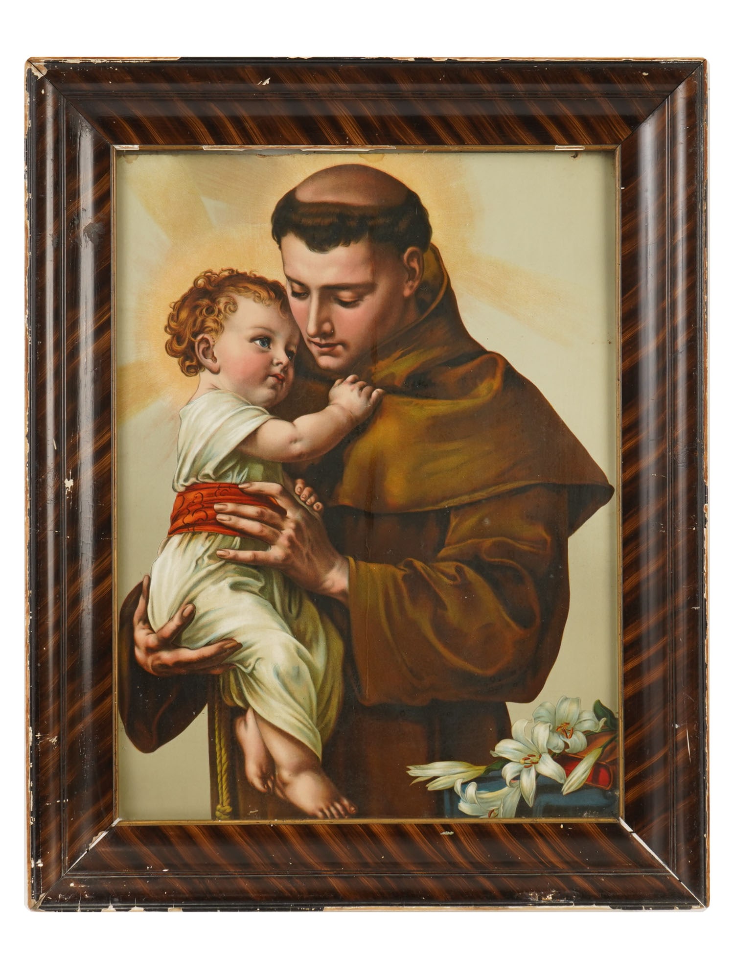 SAINT ANTHONY OF PADUA WITH CHRIST CHILD LITHOGRAPH: A color lithograph on cardboard depicting Saint Anthony of Padua in a traditional Franciscan habit, tenderly cradling the Christ Child. Framed. Catholic Art, Religious Print, Christian Iconography, Gr