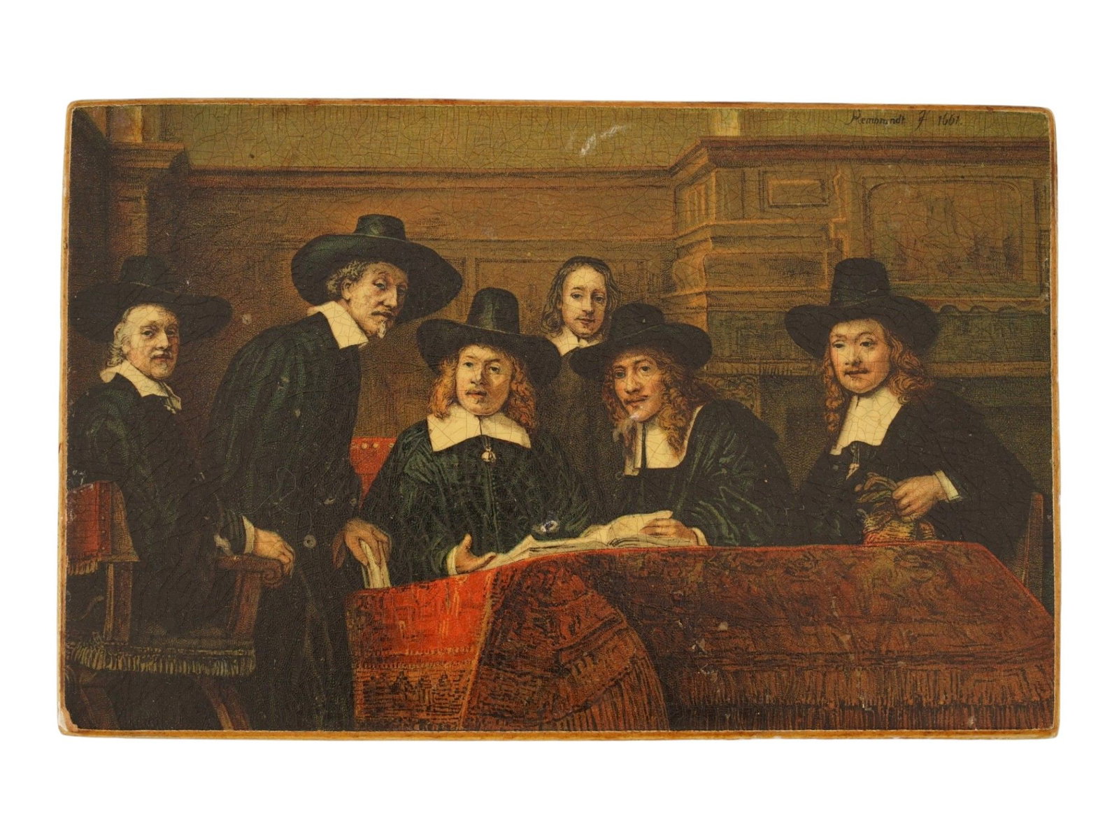 SYNDICS PRINT ON PORCELAIN PLAQUE AFTER REMBRANDT: A color print on porcelain plaque after the world famous painting The Syndics, created by the great Dutch artist Rembrandt Harmenszoon van Rijn in 1662, depicting a group portrait of the wardens syndi