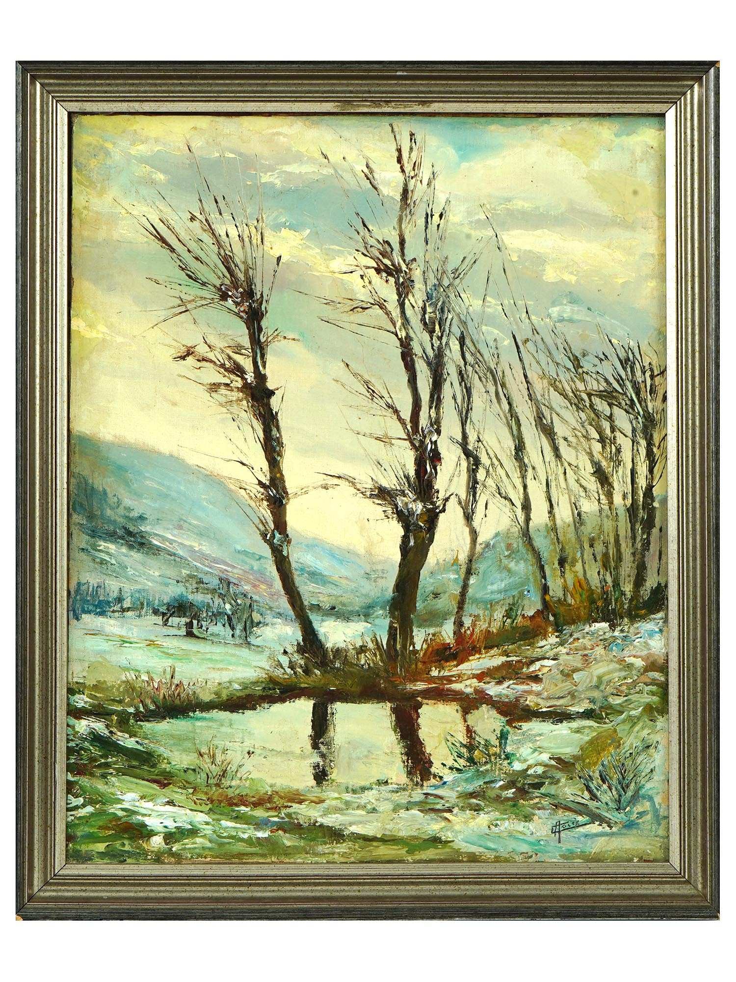 VINTAGE LANDSCAPE OIL PAINTING SIGNED: Oil on canvas painting depicting a springtime landscape. Mid-20th century. Signed by the artist in the lower right, J. Cocce. Golden frame. Collectible Fine Art And Wall Decor. THIS LOT IS ELIGIBLE FO