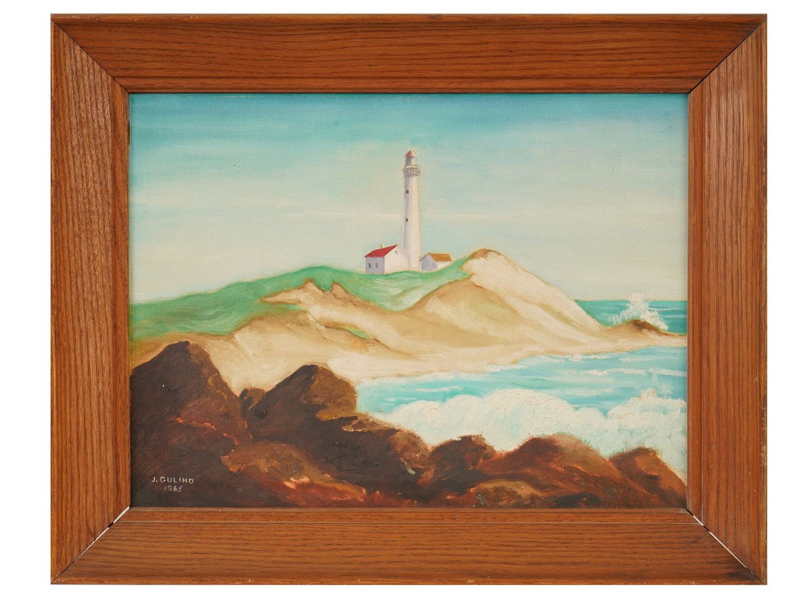 MODERNIST COASTAL OIL PAINTING SIGNED BY GULINO FRAMED: A Modernist oil painting on canvas depicting a lighthouse in a coastal landscape. Signed by the artist, J. Gulino, and dated 1965, lower left. Framed. Mid Century Modernism, Marine Art, Nautical Decor