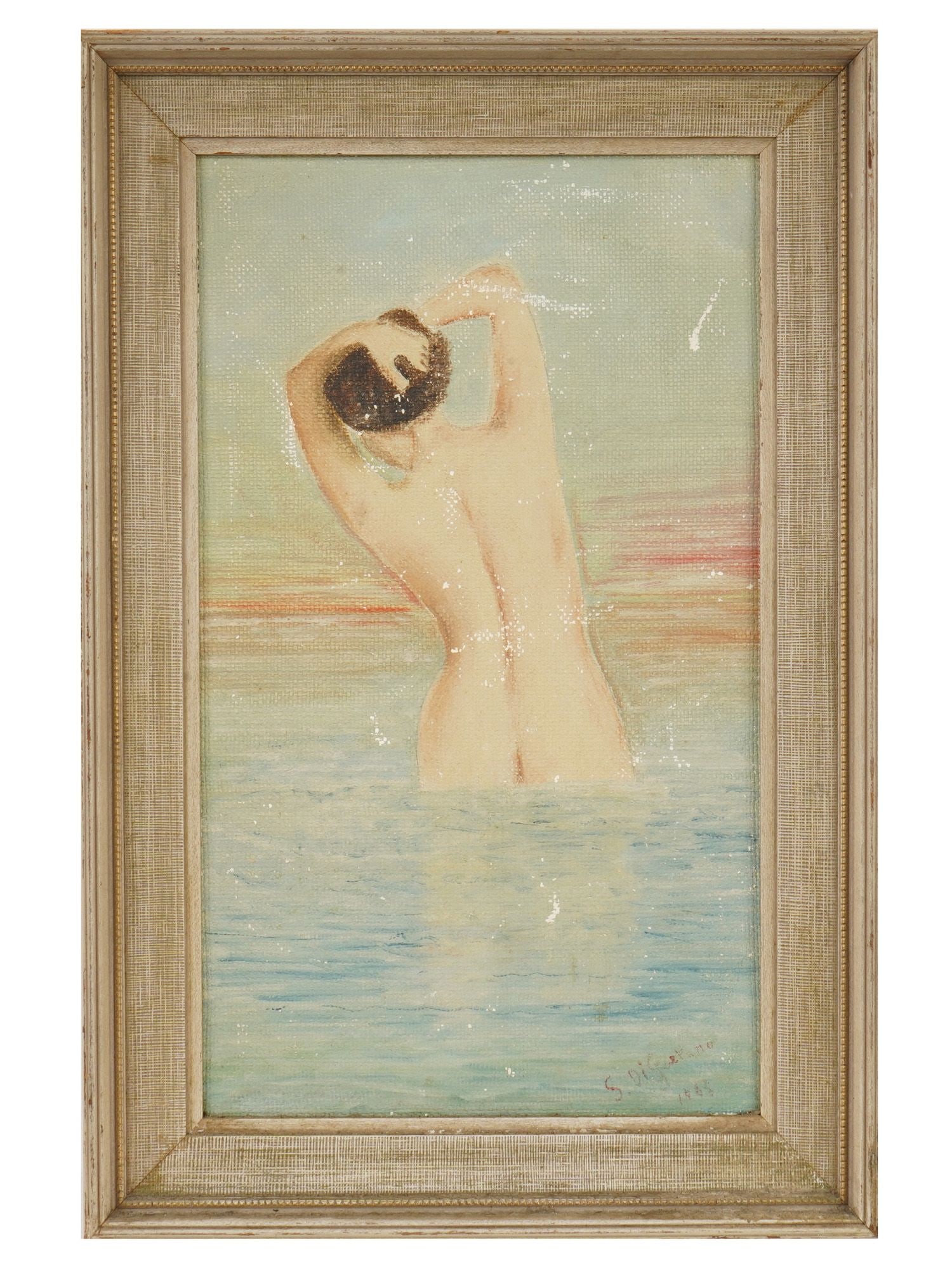ITALIAN NUDE BATHING OIL PAINTING SIGNED BY ARTIST: An Italian oil painting on canvas mounted on board depicting a portrait of a bathing nude woman. Signed by the artist, S. Di Gaetano, and dated 1965, lower right. Framed. Modernist and Contemporary Eu
