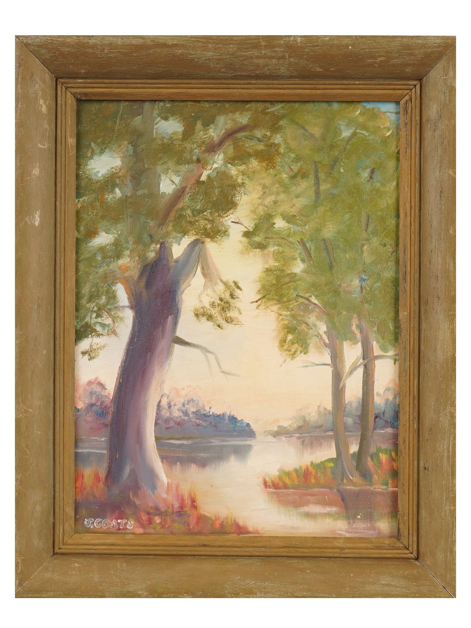 LANDSCAPE OIL PAINTING SIGNED J COATS 1967: An impressionistic landscape oil painting on canvas over board depicting a river or lake at sunset or sunrise, signed J. COATS in the bottom left corner. Includes a descriptive label on the reverse id