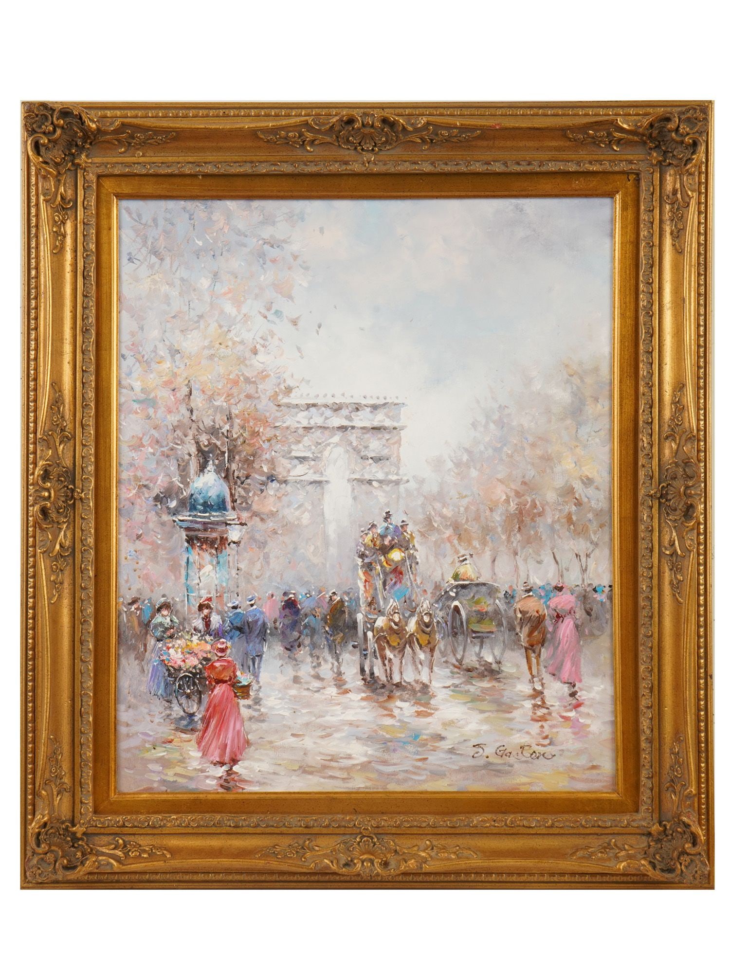 OIL PARISIAN CITYSCAPE PAINTING BY JOHNNY GASTON: A vintage oil on canvas Parisian cityscape painting by Johnny Gaston, a British postwar painter who was born in 1955. The Impressionist-style painting depicts a lively Parisian cityscape, featuring a 