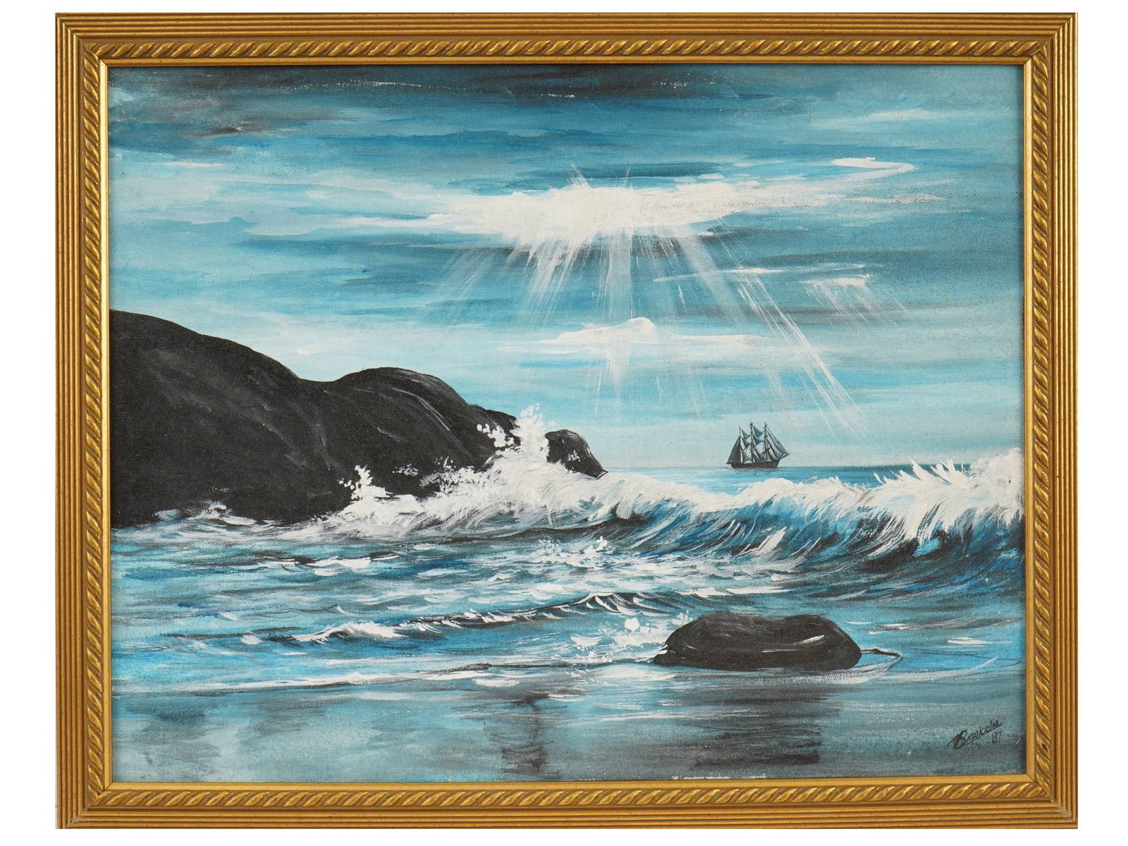 VINTAGE OIL ON CANVAS SEASCAPE PAINTING 1987: A vintage oil on canvas seascape painting. Illegible signature and the date 1987 lower right. Inscription on the back side. The composition features white-capped waves crashing against dark, rocky out