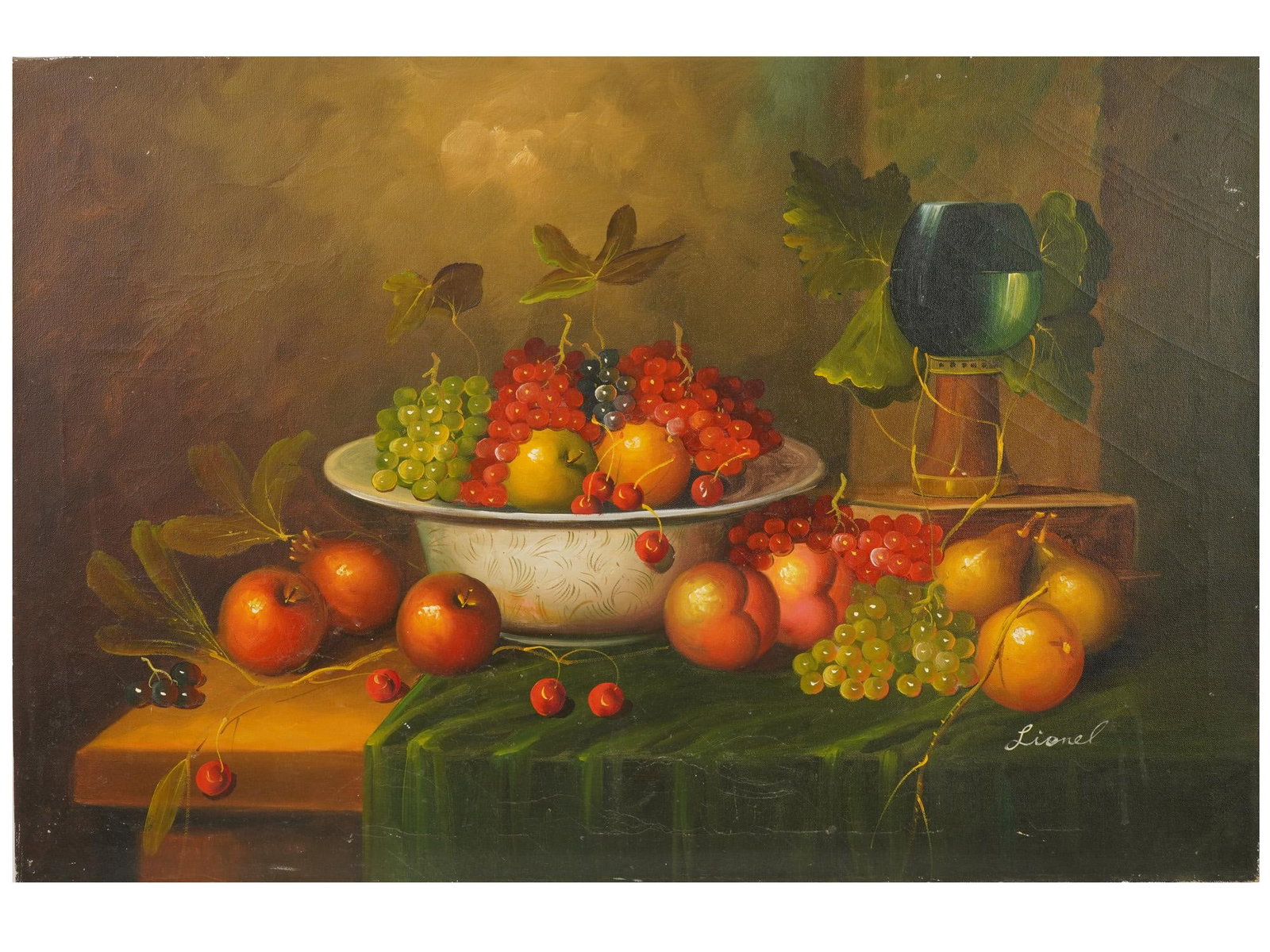 FRUITS STILL LIFE OIL PAINTING SIGNED BY LIONEL (1 of 5)