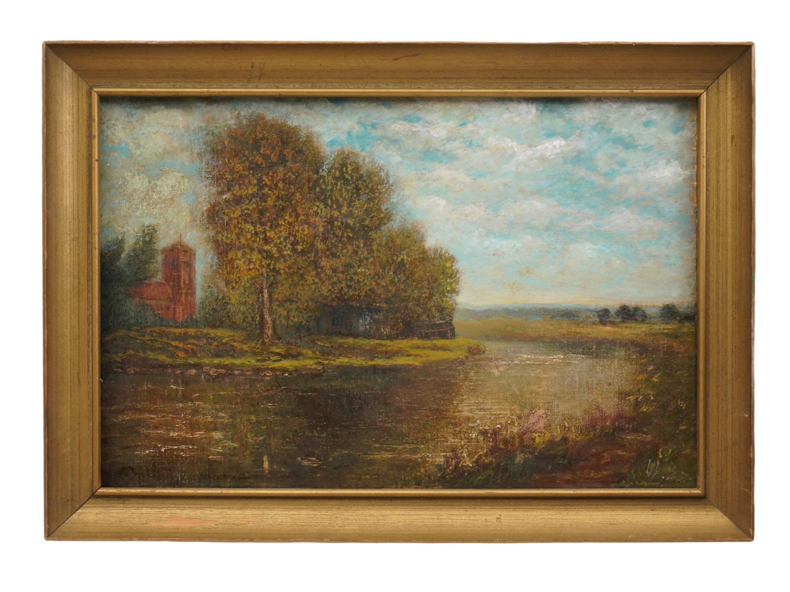 ENGLISH RURAL LANDSCAPE OIL PAINTING SIGNED BY ARTIST: An English School oil painting on canvas depicting a rural river landscape. Signed by the artist, probably Birch, lower right. Framed. Antique and Vintage European and English Fine Art, Village Landsc