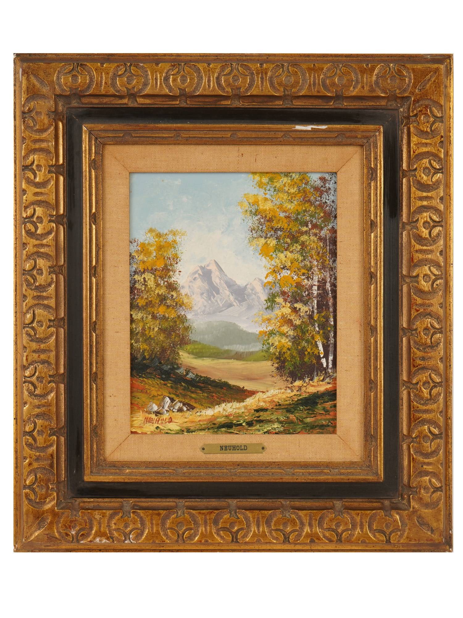AUSTRIAN LANDSCAPE PAINTING BY ERNETST NEUHOLD: Ernetst Neuhold, Austrian, 20th century, an oil landscape painting on board depicting an Alpine valley with vibrant autumn trees framing snow-dusted mountain peaks beneath a soft sky. Signed in the lo