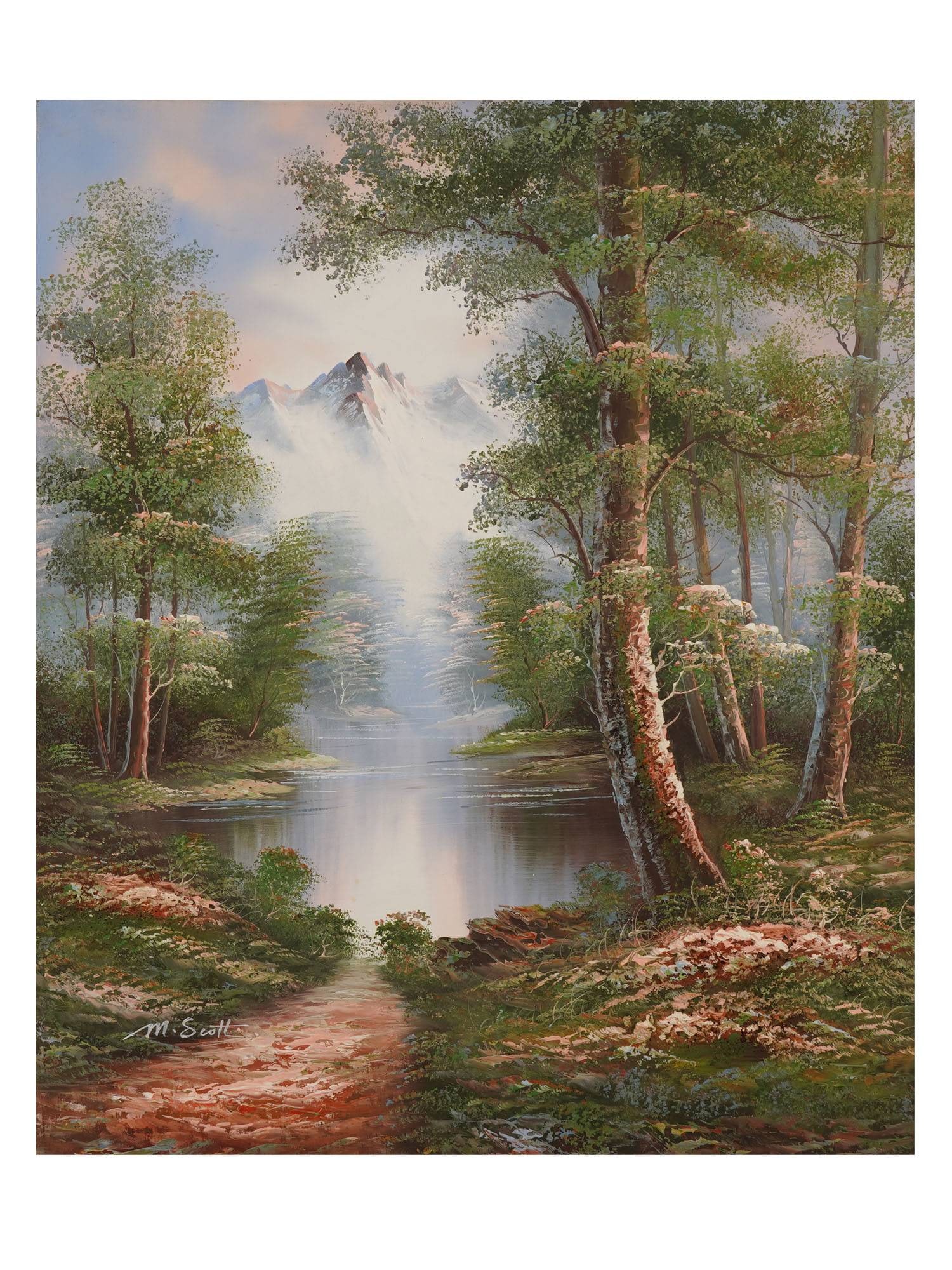 MODERN LANDSCAPE OIL PAINTING SIGNED M. SCOTT: A modern landscape oil painting on canvas featuring a tranquil river, misty forest, towering snow-capped mountain, and textured trees framing a winding path. Signed M. Scott in the lower left. Landsca