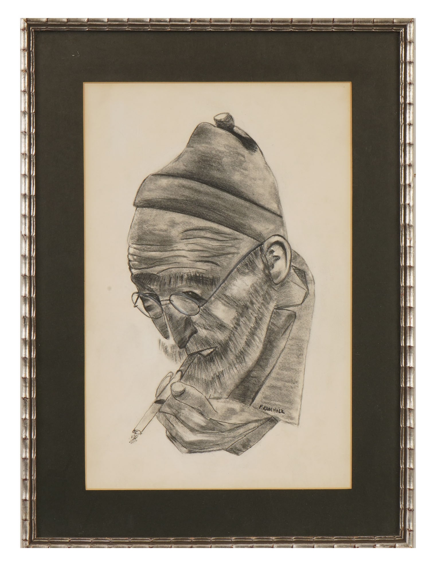MALE PORTRAIT PENCIL DRAWING SIGNED F. KAMHOLZ: Graphite drawing on paper. Portrait of an old man in hat smoking a cigarette. Signed lower right, F. Kamholz. Dated mid to late 20th century. Framed. Collectible Graphic Art, Figurative Painting, Port
