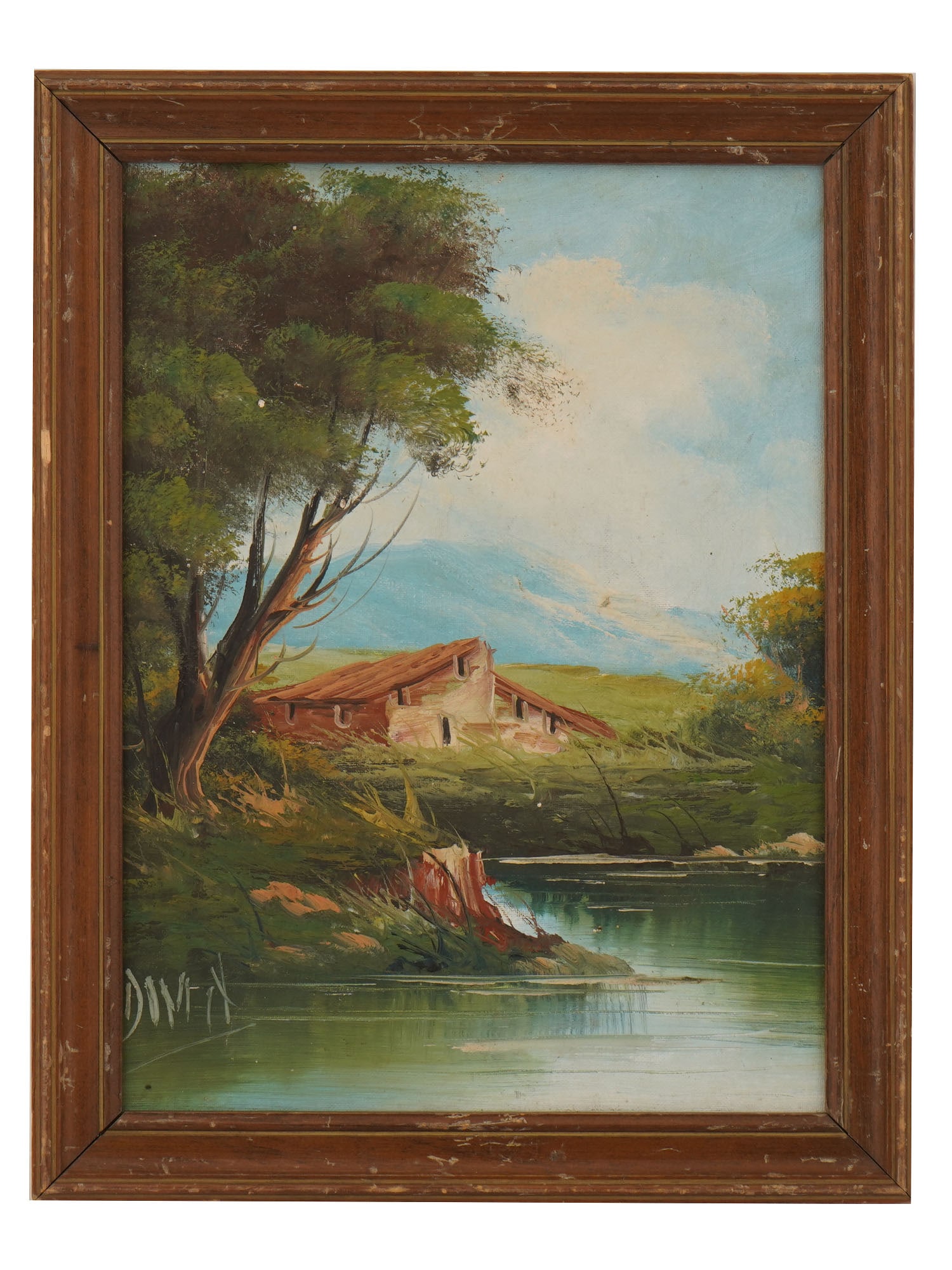 RURAL LANDSCAPE OIL PAINTING SIGNED DIMA: Oil painting on canvas. The artwork depicts an abandoned hut by the lake. Expressive brushstrokes. Signed Dima lower left. Dated mid to late 20th century. Framed. Collectible Fine Art, Rural Landscape