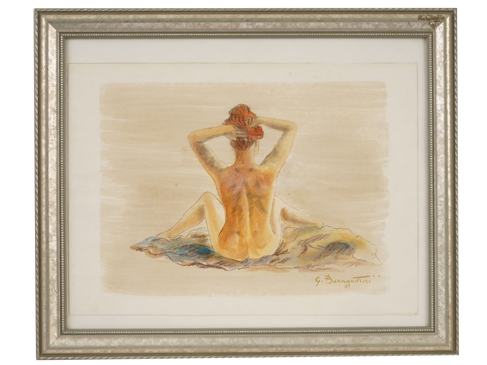 FEMALE NUDE PASTEL DRAWING SIGNED G. BERNARDINI: Pastel drawing on paper. The artwork depicts a nude woman with her legs wide open, seen from the backside. Signed G. Bernardini and dated 1969 lower right. Framed. Collectible Graphic Art, Nude Genre,