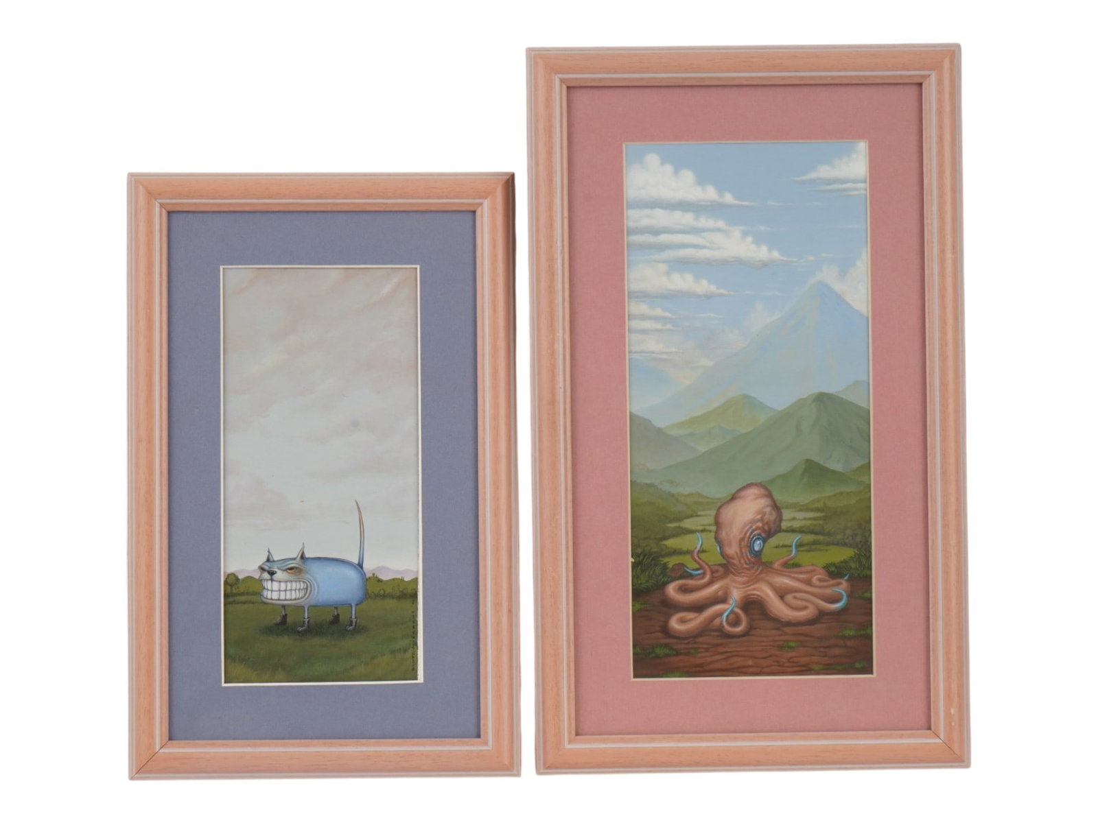 LOT OF AMERICAN ACRYLIC PAINTINGS BY SCOTT MUSGROVE: A lot of two acrylic paintings on paper depicting stylized portraits of an octopus and a blue dog in a landscape by Scott Musgrove, a Contemporary American artist. Each is signed lower right. Both are