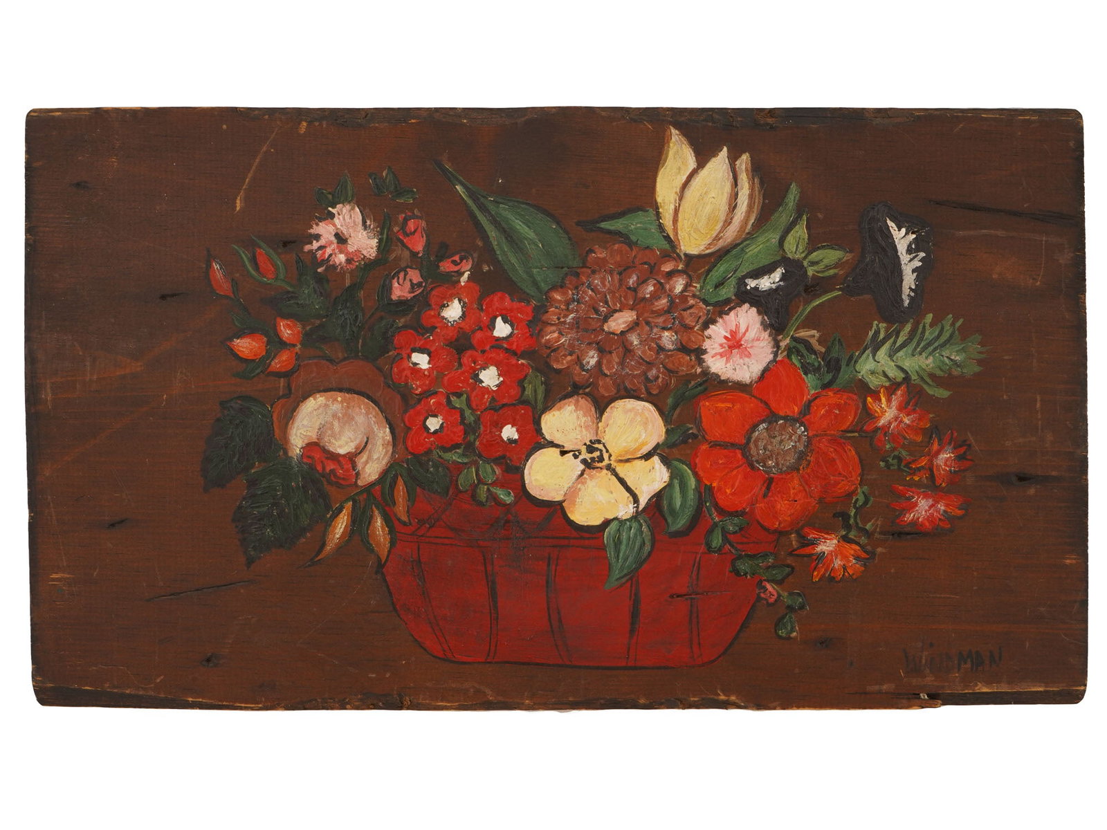 MODERNIST STILL LIFE OIL PAINTING SIGNED BY WINDMAN: A Modernist oil painting on wood panel depicting a still life with flowers in the Fauvist manner. Signed by the artist, Windman, lower right. Modernist and Contemporary Fine Art, Naive Art, Floral Sti