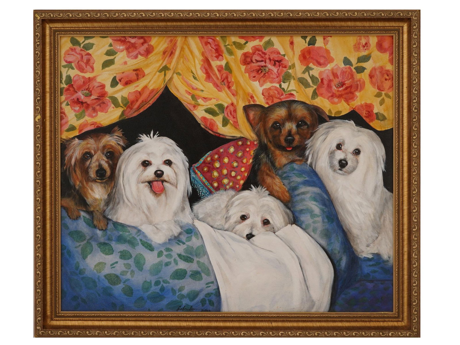 DOGS GROUP PORTRAIT OIL PAINTING SIGNED BY GABRIELA: A Contemporary oil painting on canvas depicting a group portrait of five dogs. Signed by the artist, Gabriela, and dated 2003, lower to the center. Framed. Additionally signed, copyright and dated 200