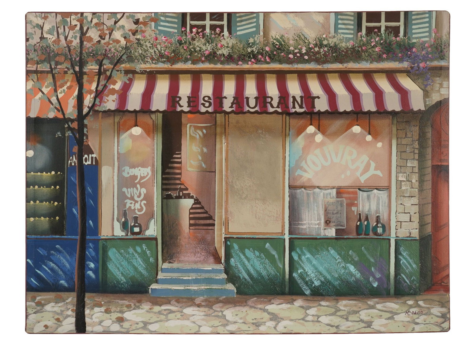 VINTAGE COMMERCIAL DECOR PAINTING SIGNED K. DAVID: A vintage commercial decor oil painting depicting a romanticized French village storefront with a red-and-white striped awning, Vouvray window lettering, and a Vins Fins wine sign. Signed K. David in 