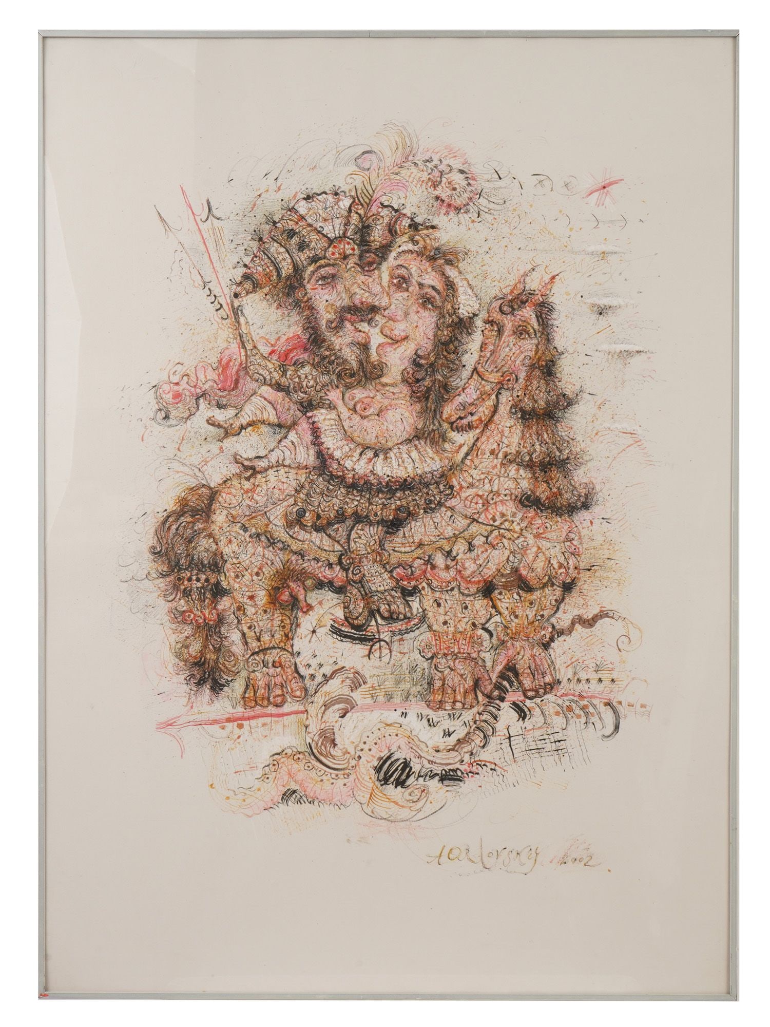 RUSSIAN MIXED MEDIA PAINTING CRANACH A. ORLOVSKY 2002: A contemporary mixed media painting on paper inspired by Northern Renaissance equestrian imagery. The highly detailed composition depicts an armored horseman accompanied by fantastical figures. Inscri