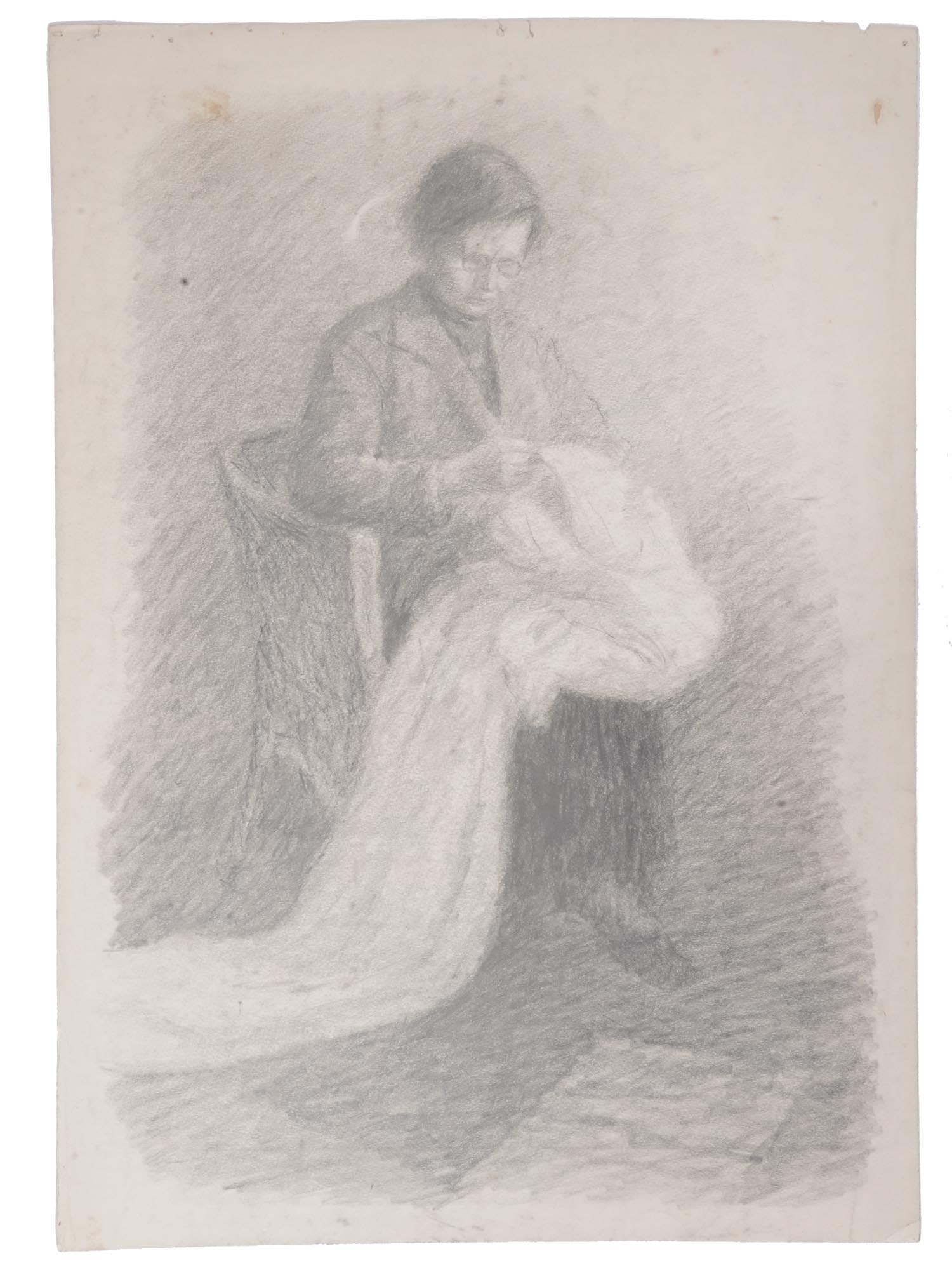 RUSSIAN SOVIET PENCIL PAINTING BY BORIS KOROLEV: Boris Korolev, Russian Soviet, 1884 to 1963, graphite painting on paper, A Woman Knitting a Shawl. Circa: 1930s. Unsigned. Boris Korolev was a famous Russian Soviet Avant Garde Cubist sculptor, Soviet