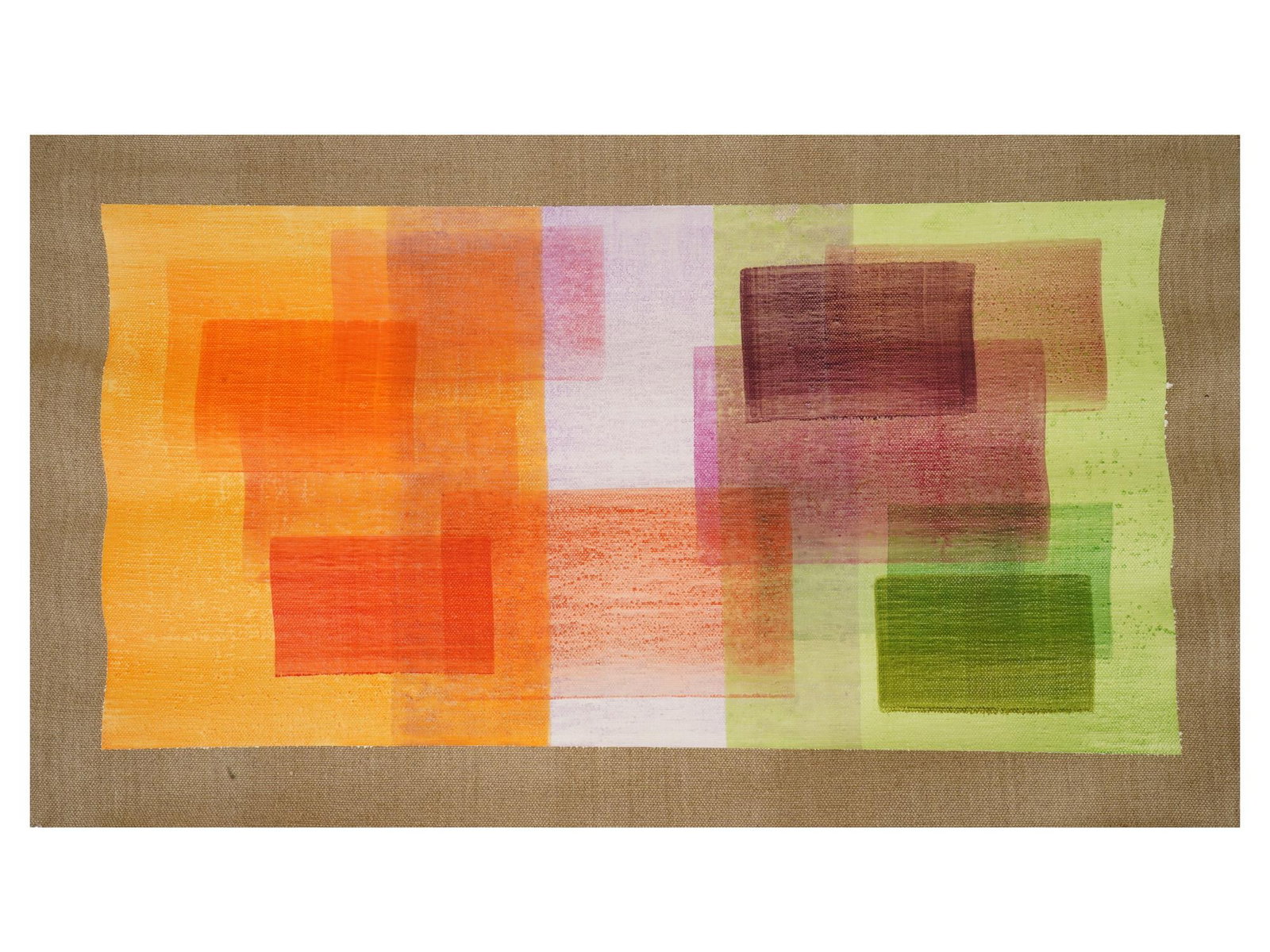 NATHALIE LESAGE FRENCH ABSTRACT MIXED MEDIA PAINTING: Nathalie Lesage, French, born 1966, mixed media painting on linen. Acrylic and oil pigments. Abstract composition composed of color patches, orange, pink, and green. Untitled. Dated 2025. Signed by th