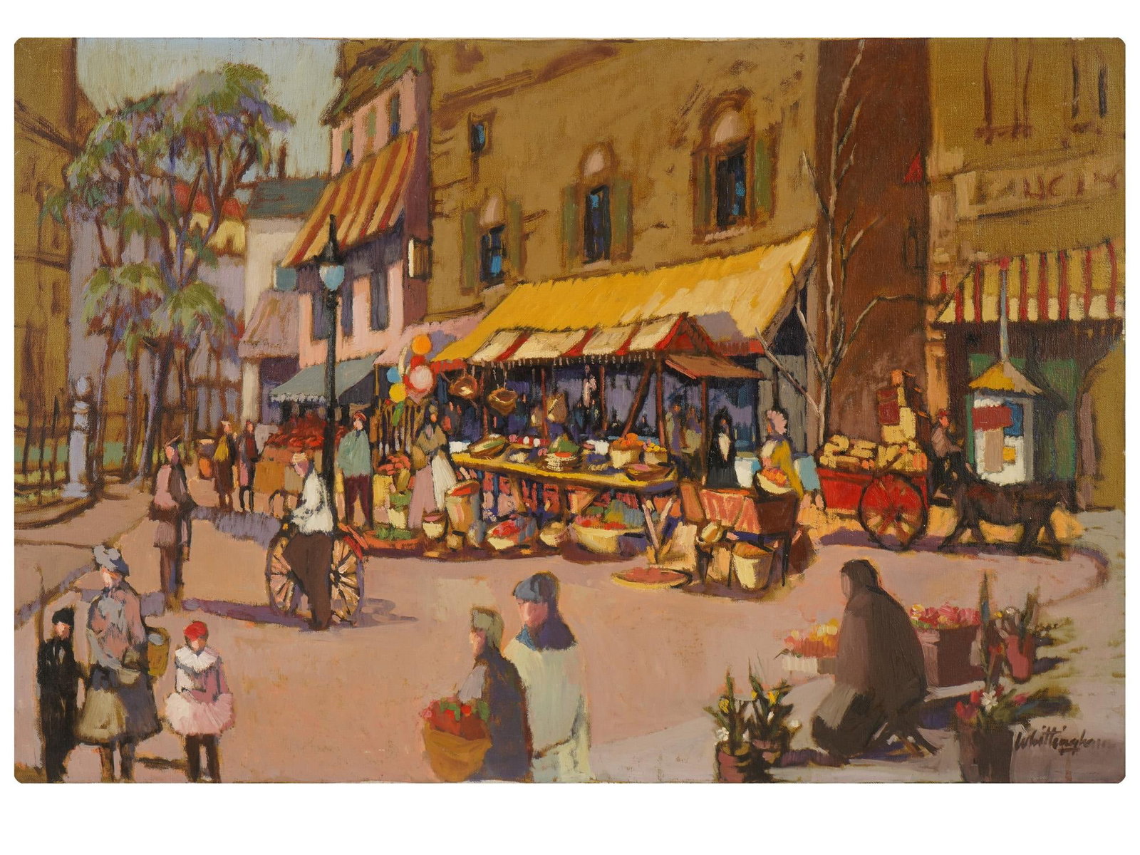 BONNIE WHITINGHAM AMERICAN CITYSCAPE OIL PAINTING: Bonnie Whittingham, American, 1921 to 1997, oil painting on canvas. The artwork depicts a city square fair. Signature color-block pictorial manner. Signed lower right. Dated 1969 on the backside. Unfr