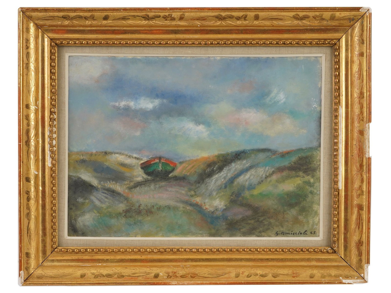 GIOVANNI OMICCIOLI ITALIAN LANDSCAPE PASTEL PAINTING: Giovanni Omiccioli, Italian, 1901 to 1975, pastel painting on paper. The artwork depicts a sole boat resting on sand dunes. Titled Barca sulla dune no. 1. Signed lower right and on the backside. Frame